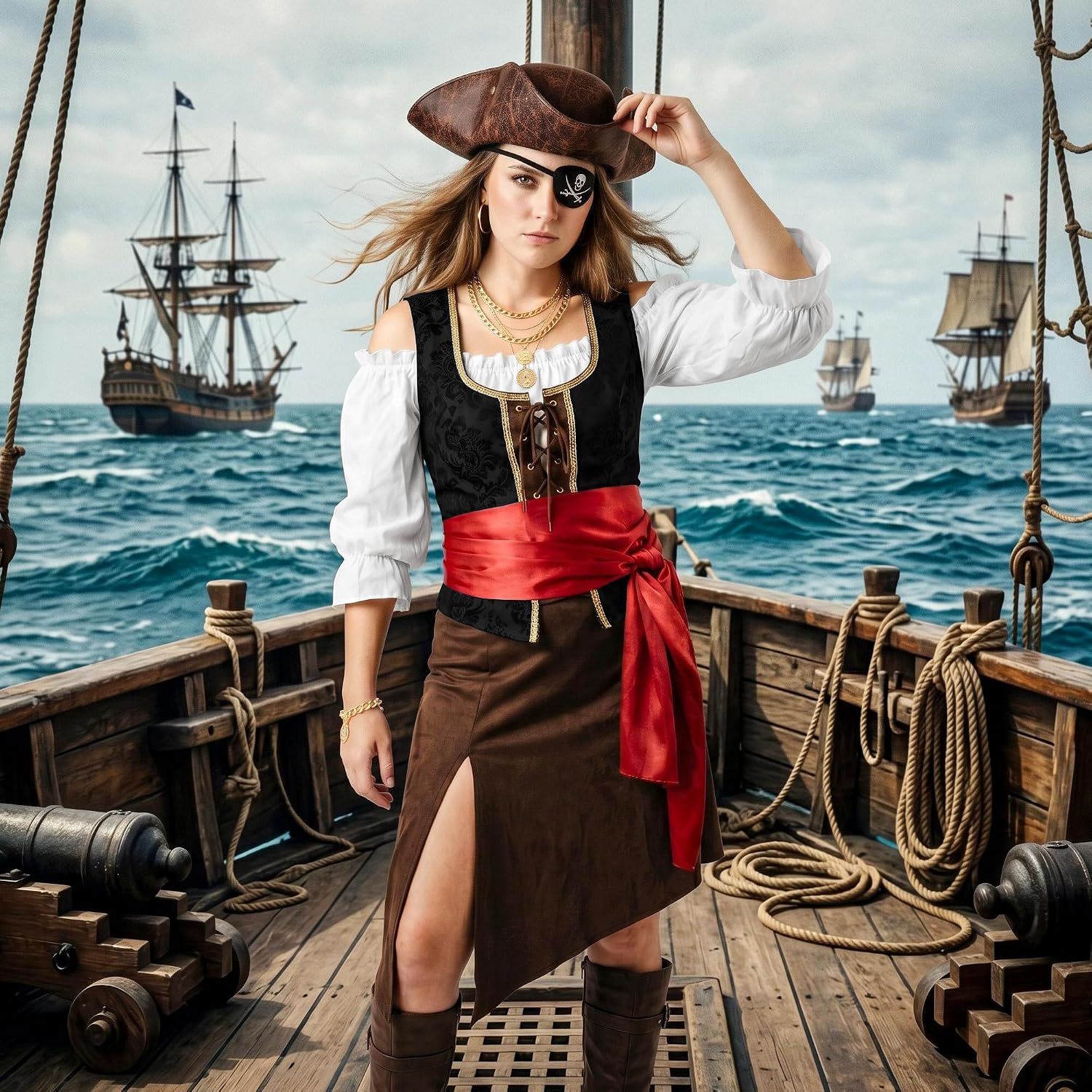Pirate Costume ﻿Women Pirate Hat Accessories Set Men for Halloween Costume image 3