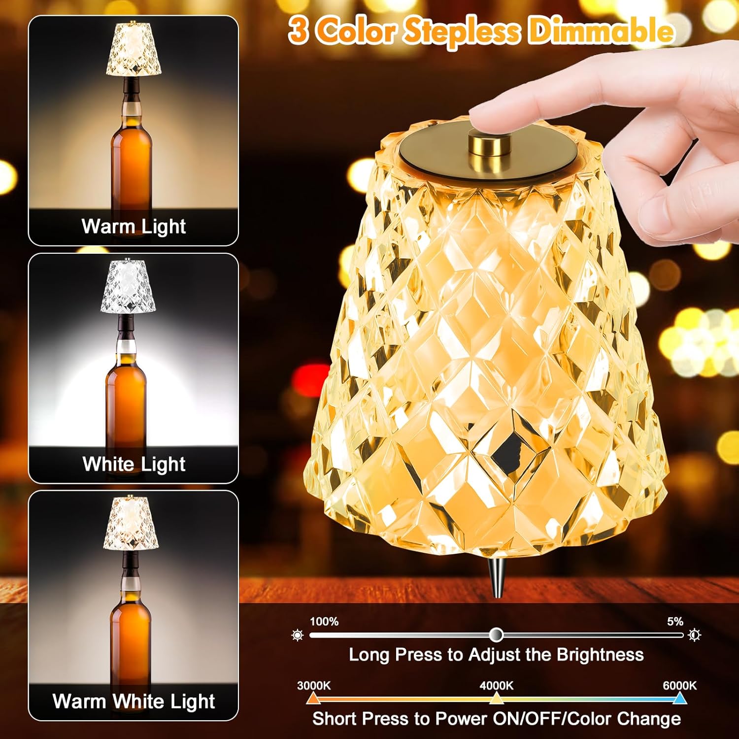 Welltop Wireless Bottle Lamp, Crystal Clear Bottle Lamp Shade with 3 Color & Stepless Dimmable for Any Type of Bottle, Rechargeable Acrylic Touch LED Wine Bottle Lights for Bedroom Restaurant Bar