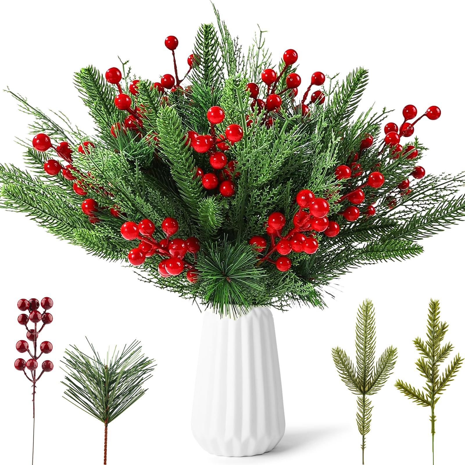60 Branches de Sapin Artificiel et Baies Rouges