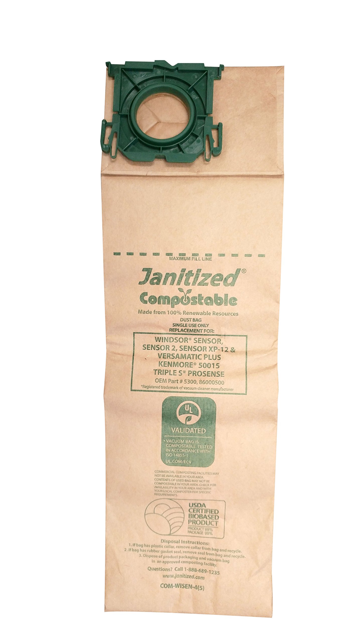 janitized com-wisen-4 (5) compostable papel Premium de repuesto bolsas de vacío comercial para sensor de Windsor/XP, Versamatic Plus, Triple S prosense y Kenmore 50015 aspiradoras (Pack de 50)