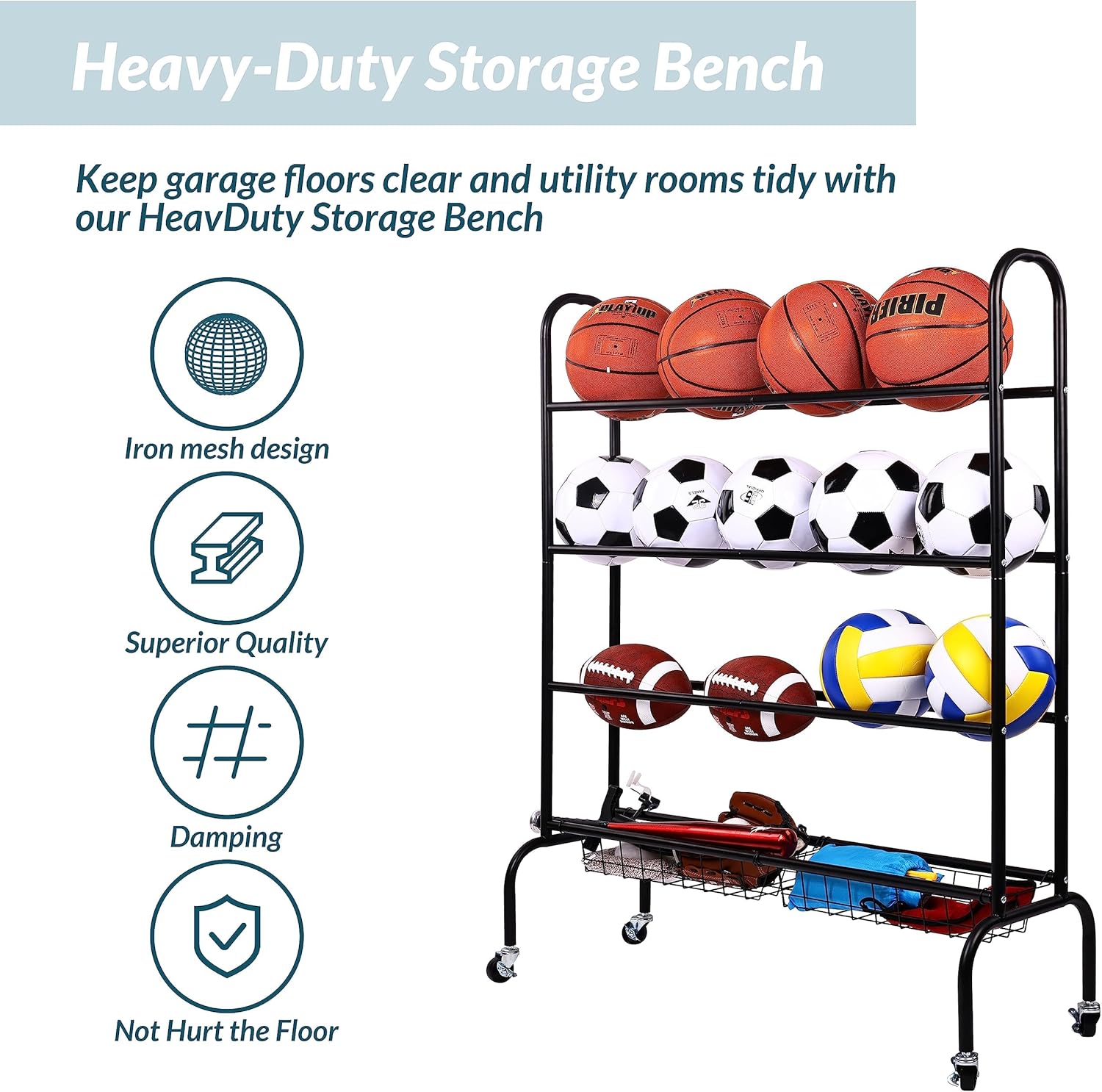 Fitvids Garage Sports Equipment Organizer, Garage Ball Storage, Sports Gear Storage, Garage Organizer with Baskets and Hooks, Rolling Sports Ball Storage Cart, Black, Steel
