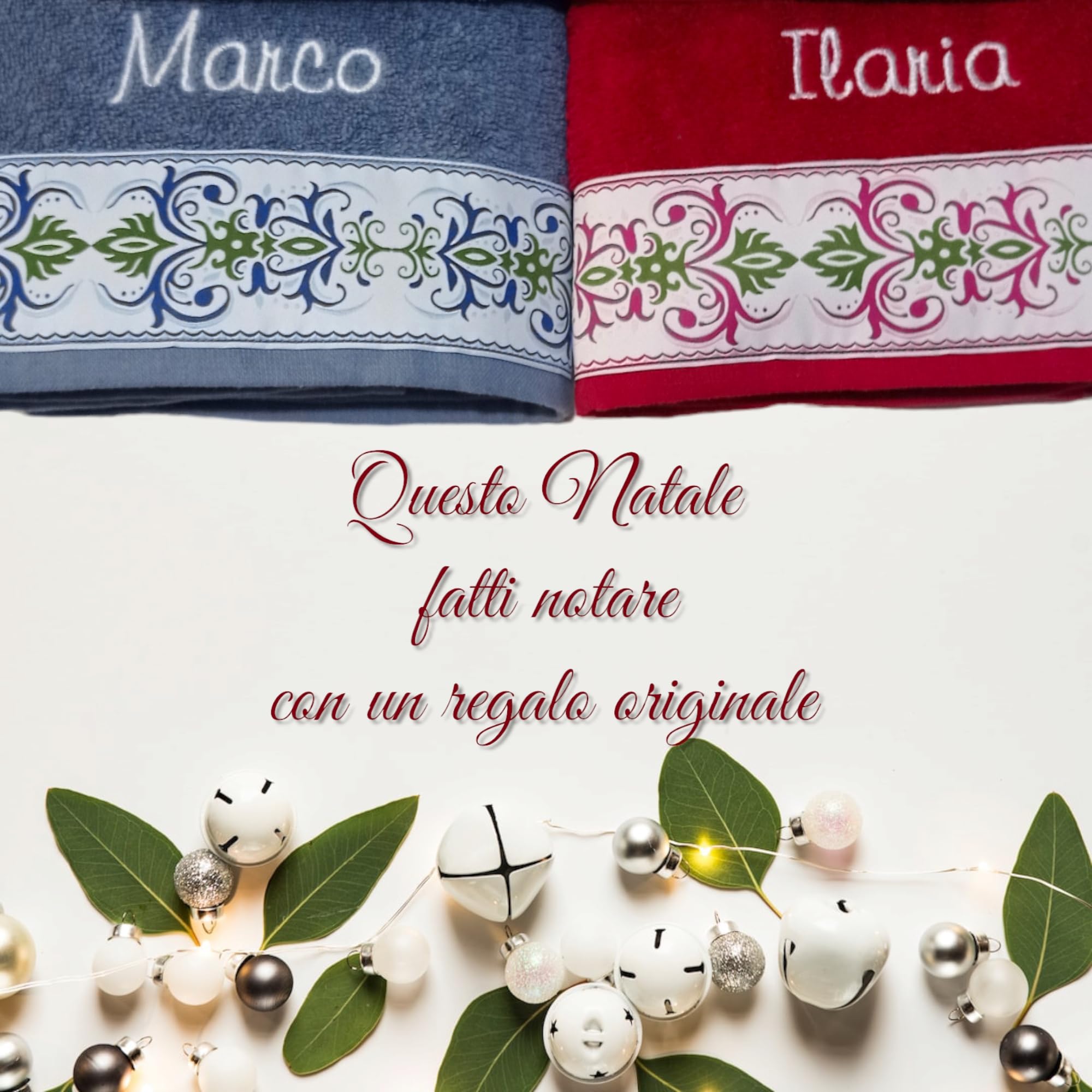 Confezione regalo asciugamani personalizzati, idea regalo per coppia. 4 asciugamani bagno con nastro jacquard e nome ricamato. (Rosso/Azzurro, Jacquard)