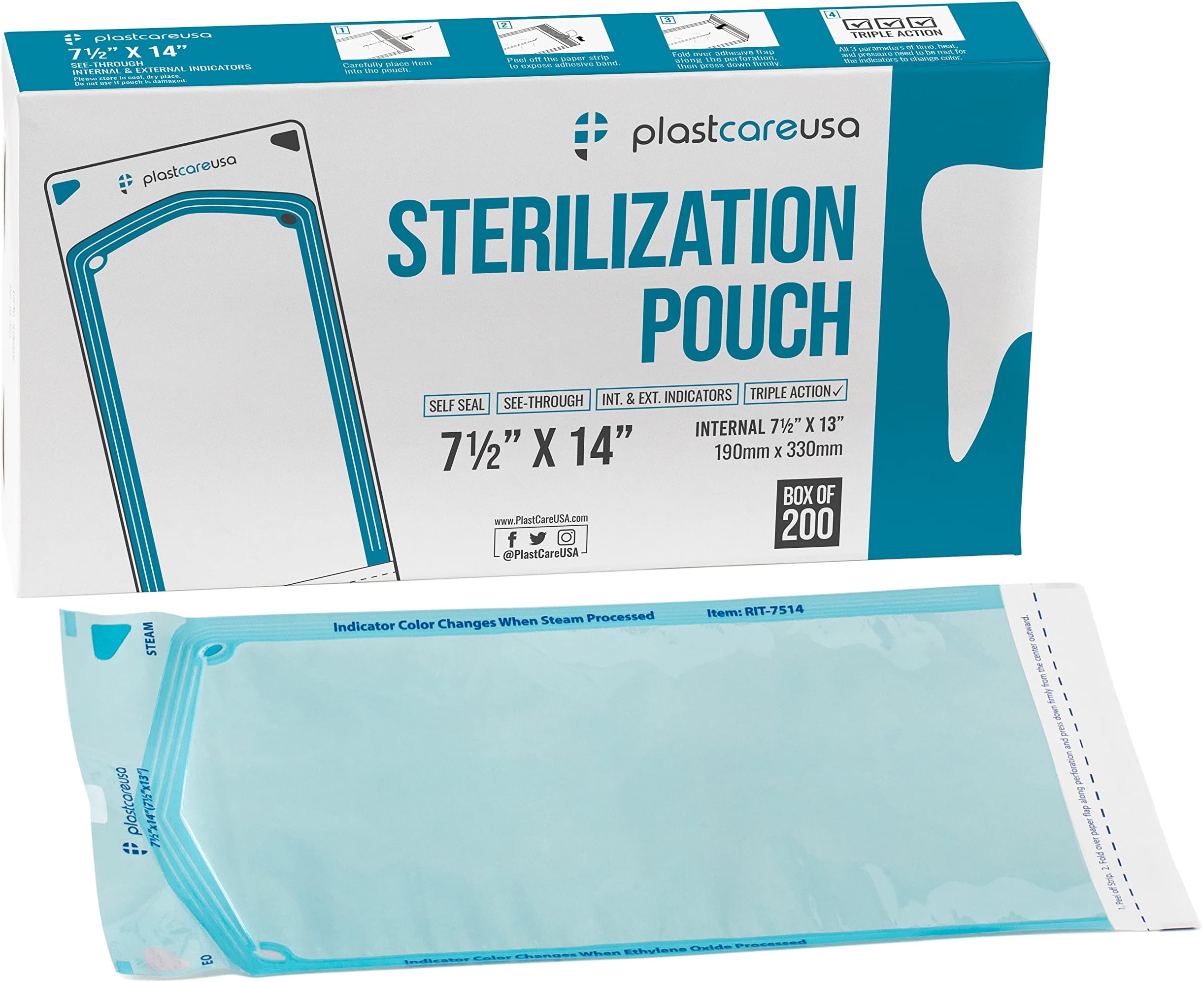 200 7.5 X 13 Self Sealing Sterilization Pouches - Autoclave Sterilizer Bags Pouch for Sterilizing Dental Medical Instruments and Cleaning Tools - Latex-Free, Color Changin Indicator by PlastCare USA