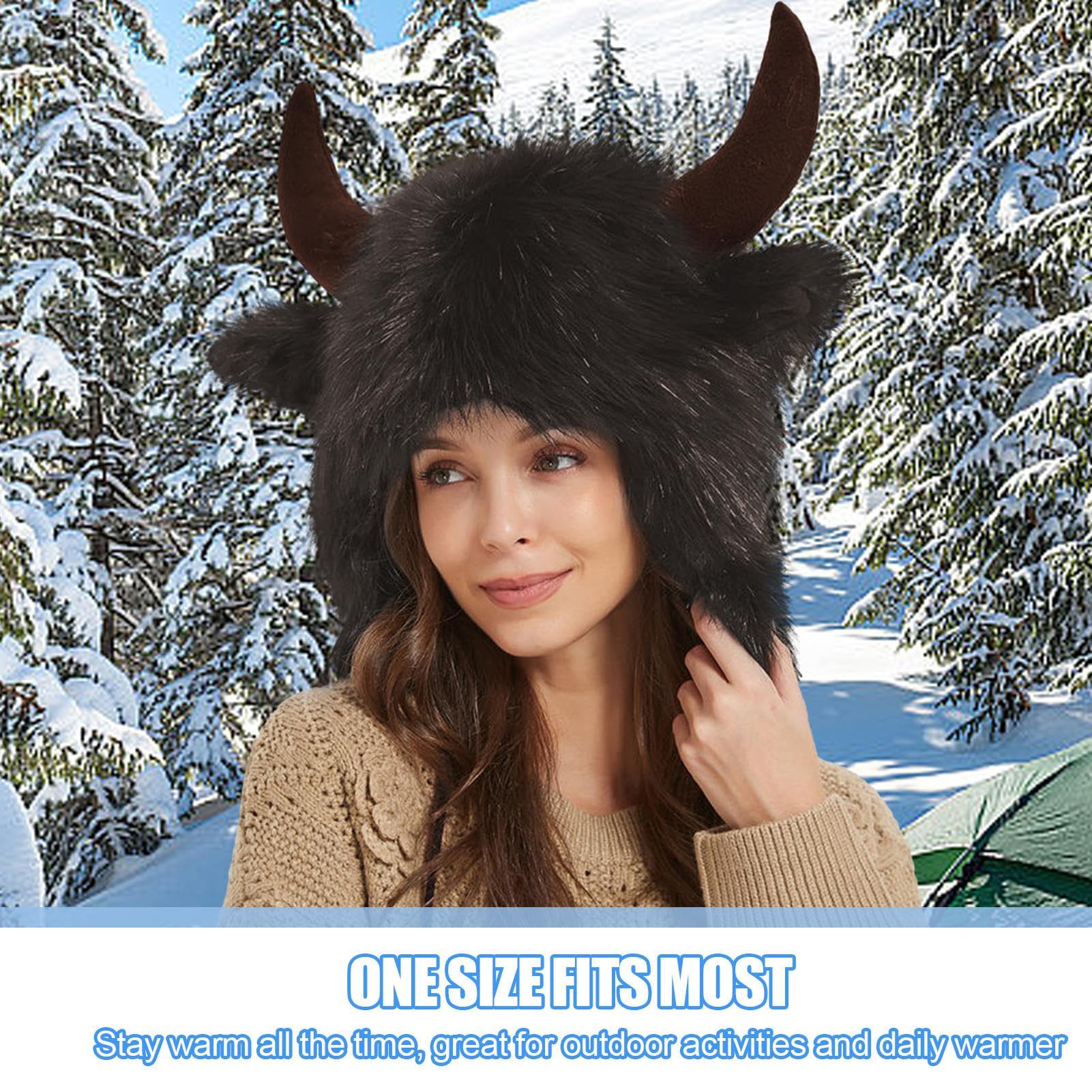 Sombrero de bisonte con cuernos – Sombrero de cuerno de felpa – Sombrero de oreja para Halloween, regalo para hombres y mujeres para animales Cosplay Festival fiesta temática aventura al aire libre