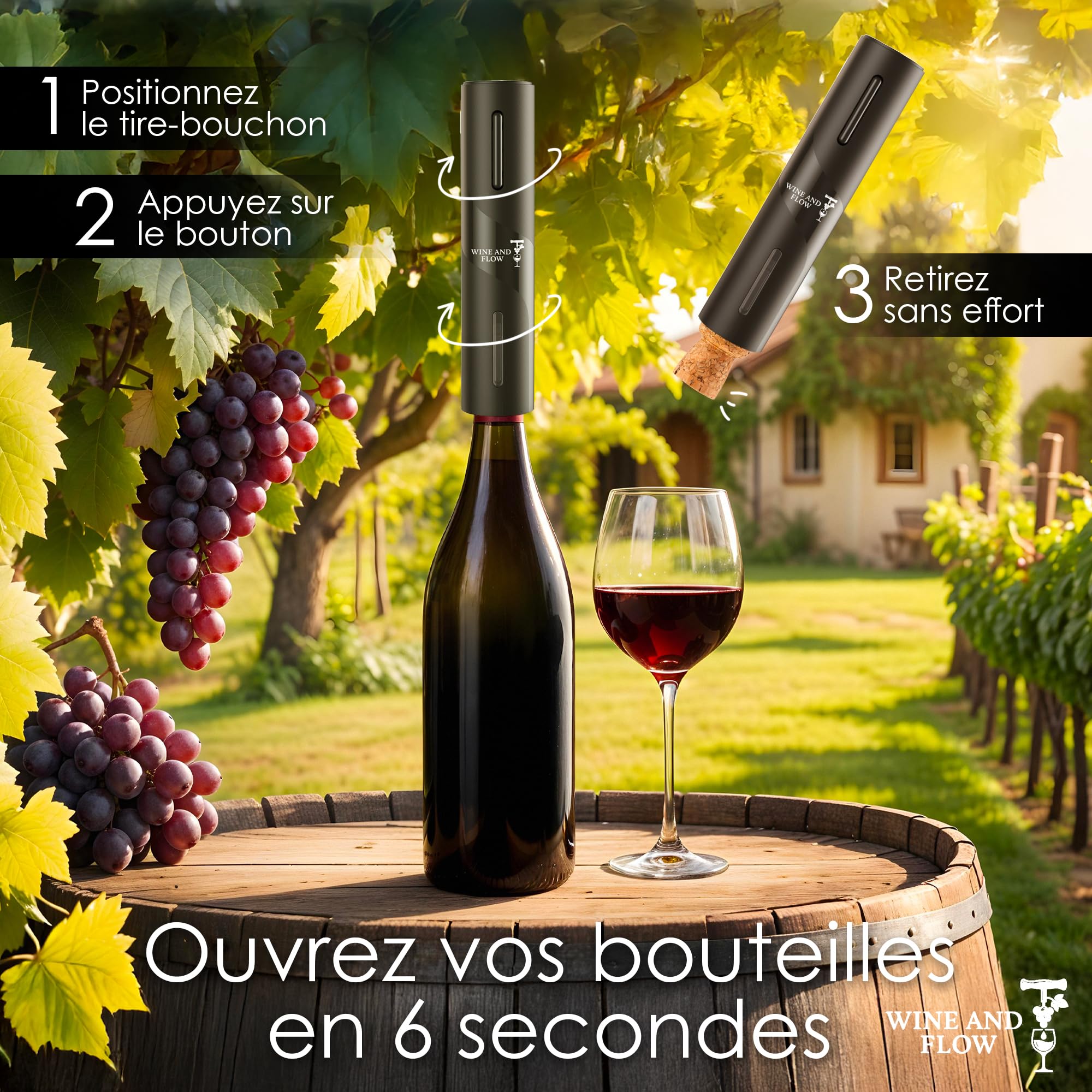 Cavatappi elettrico 4 in 1 a batteria Wine and Flow – Idee regalo premium amatoriale o professionale del vino – Confezione regalo originale apribottiglie elettrica – Accessorio vino e cavatappi