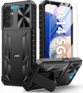 FNTCASE for Samsung Galaxy A14-5G Case: Military Grade Drop Proof Cell Phone Protective Cover with Kickstand & Lens Slider | Shockproof TPU Matte Textured Mobile Phone Bumper - 6.6 Inch Matte Black