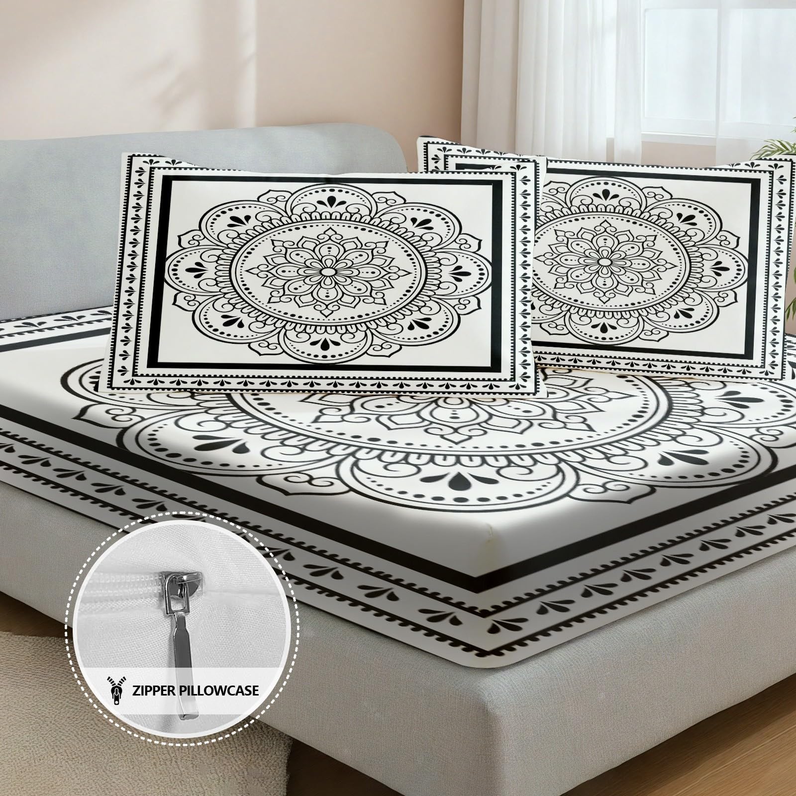 Vintage Boho Spannbettlaken Indisch Mandala Bettlaken Schwarz 140x200cm | Boho 140x200 Weiß Mandala Spannbetttuch Spannleintuch Boxspringbett für Matratzen bis 30 cm Höhe mit 1 Kissenbezüge