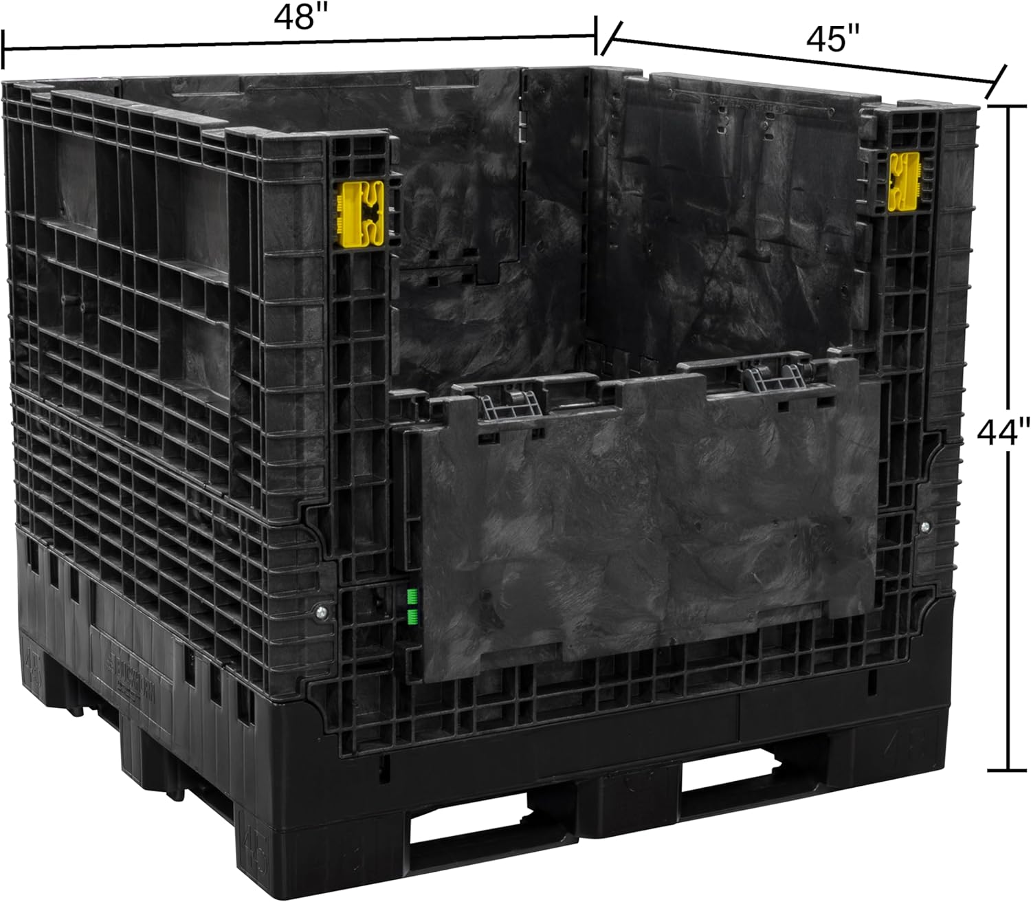 Buckhorn 48" x 45" x 44" Collapsible Bulk Box Container, Extra-Duty Plastic Stacking Gaylord Box with 4-Way Forklift Access and 2 Drop Doors, 1700 lb Capacity Storage Tote, Black (BR48454420)
