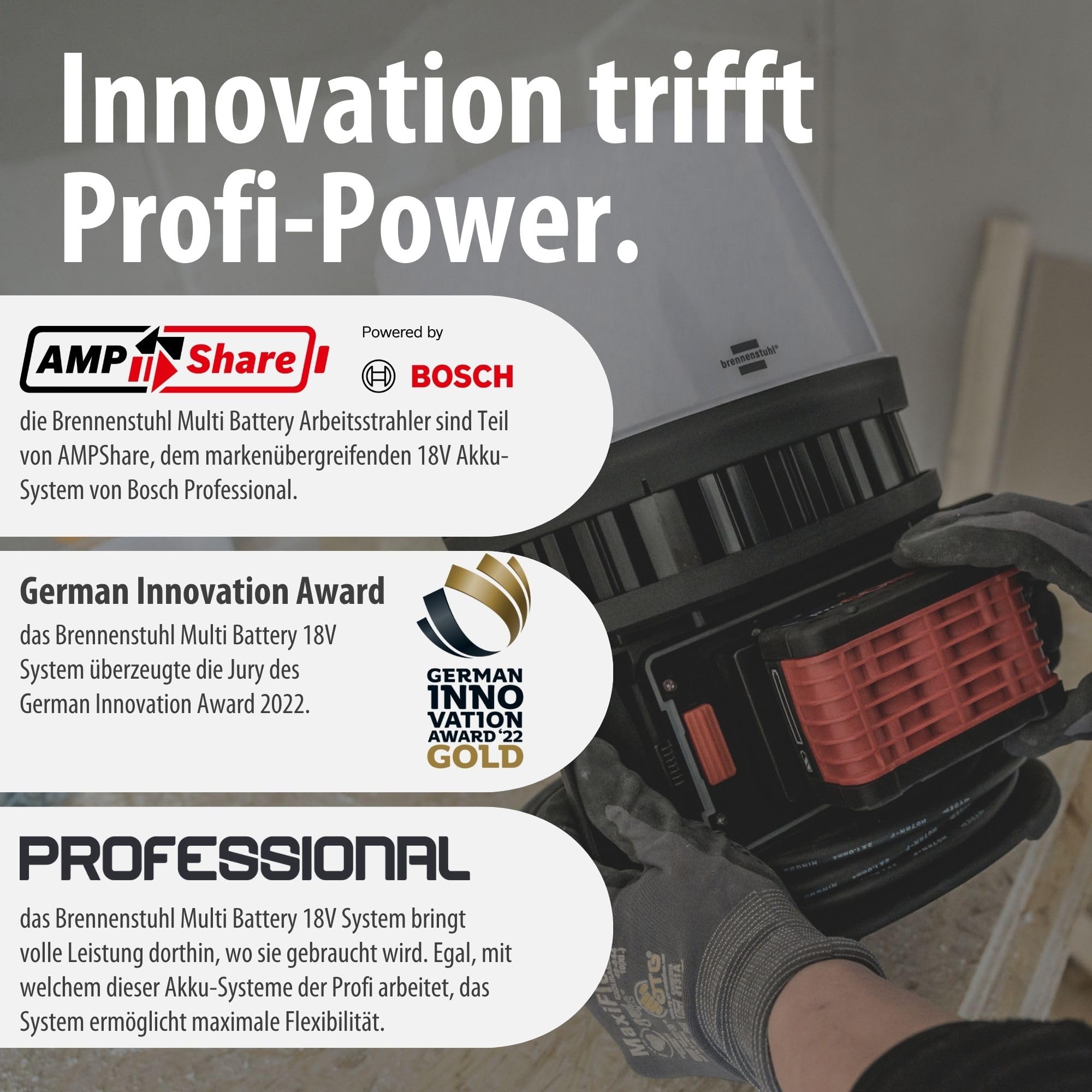 Brennenstuhl Professional Multi Battery Projecteur de chantier LED 12050 MH 360° hybride (100W, 12000lm, IP54, compatible avec batterie 18V (non fournie) de 9 fabricants, 5m H07RN-F)