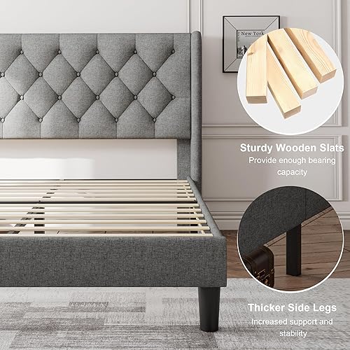 Miniatura 67 de Feonase Base de cama de tamaño matrimonial con cabecera tapizada con respaldo de ala, plataforma y soporte de listones de madera resistente, fácil