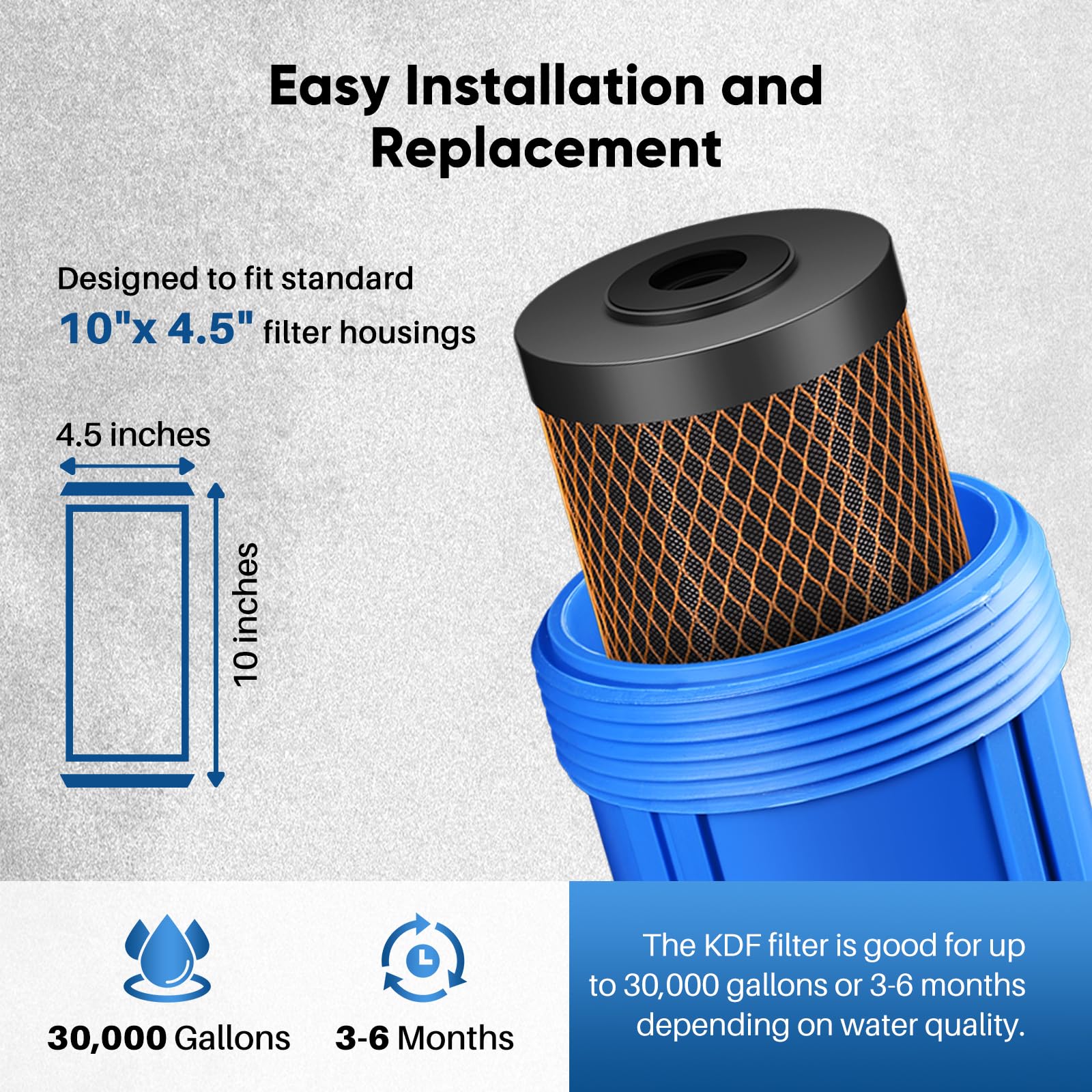 PUREPLUS Filtro dell'acqua di ricambio per la rimozione di metalli pesanti, 5 micron, 25,4 x 11,4 cm, a carbone attivo per tutta la casa, compatibile con GXWH40L, GXWH35F, BB10, CTO10BB-KDF