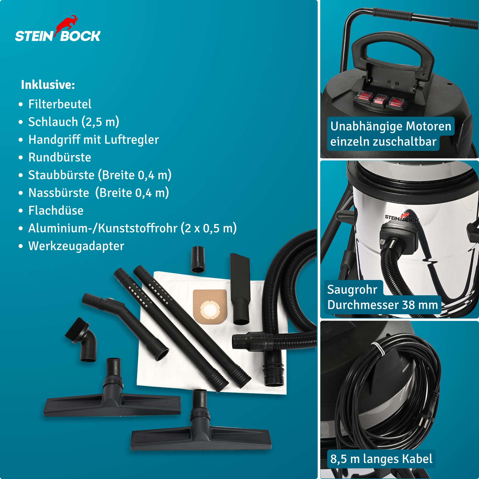 Steinbock Industriesauger nass & trocken| 3.300 Watt | 78 l Fassungsvermögen | mit 3 leistungsstarken Motoren | Für Flüssigkeiten, Feinstaub und groben Schmutz |Kippfahrgestell | Edelstahltank