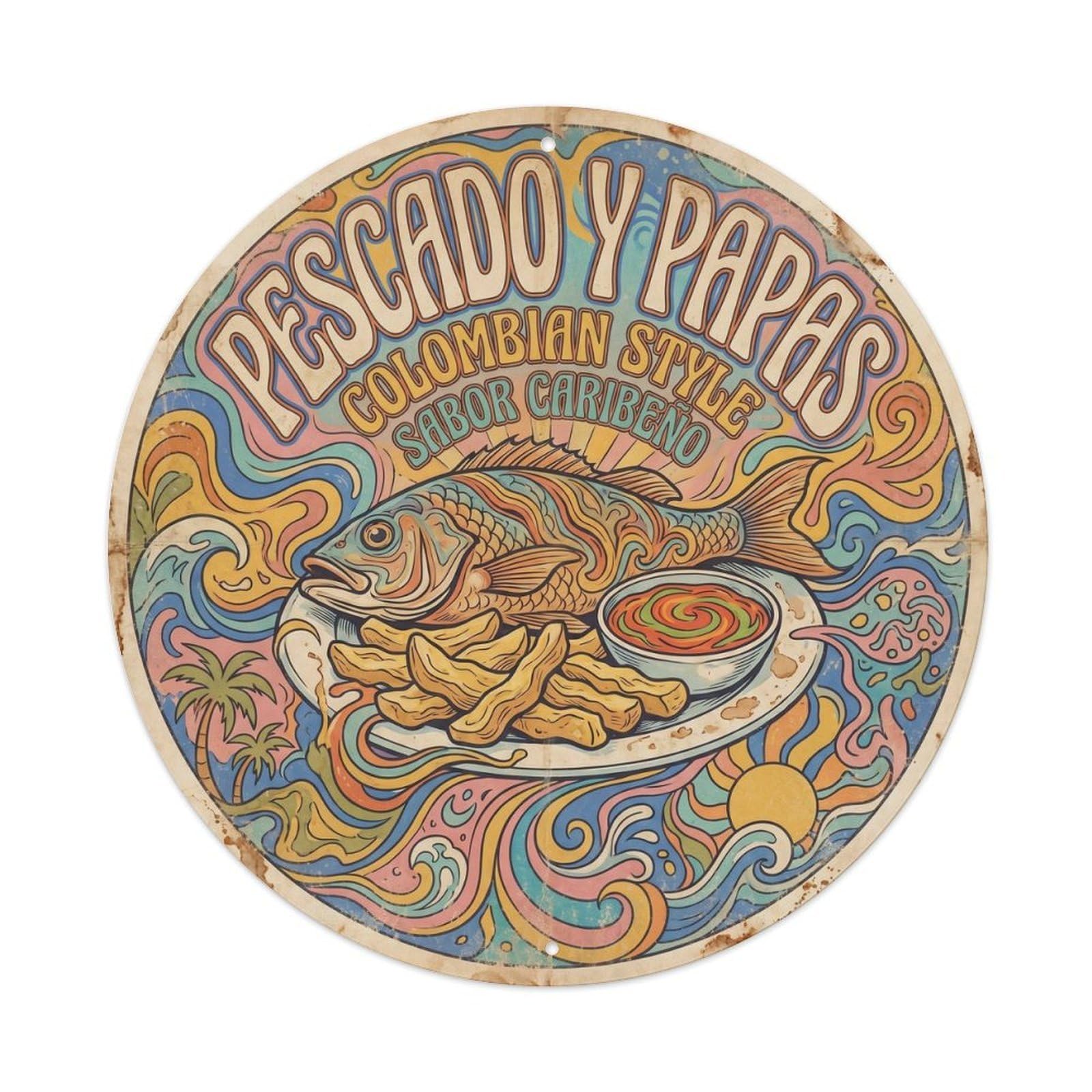 Pub Food Fried Fish Colombia Travel Retro Psychedelic Metal Tin Sign
