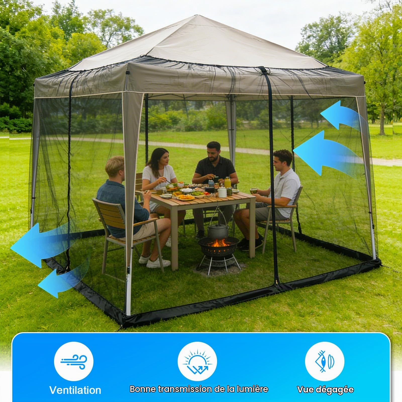 Moustiquaire de Parasol, 3x3M Toile de Tonnelle Moustiquaire Exterieur avec 2 zippé, Rideau pour Pergola, Filet, Carré, pour Pavillon de Jardin, Noir