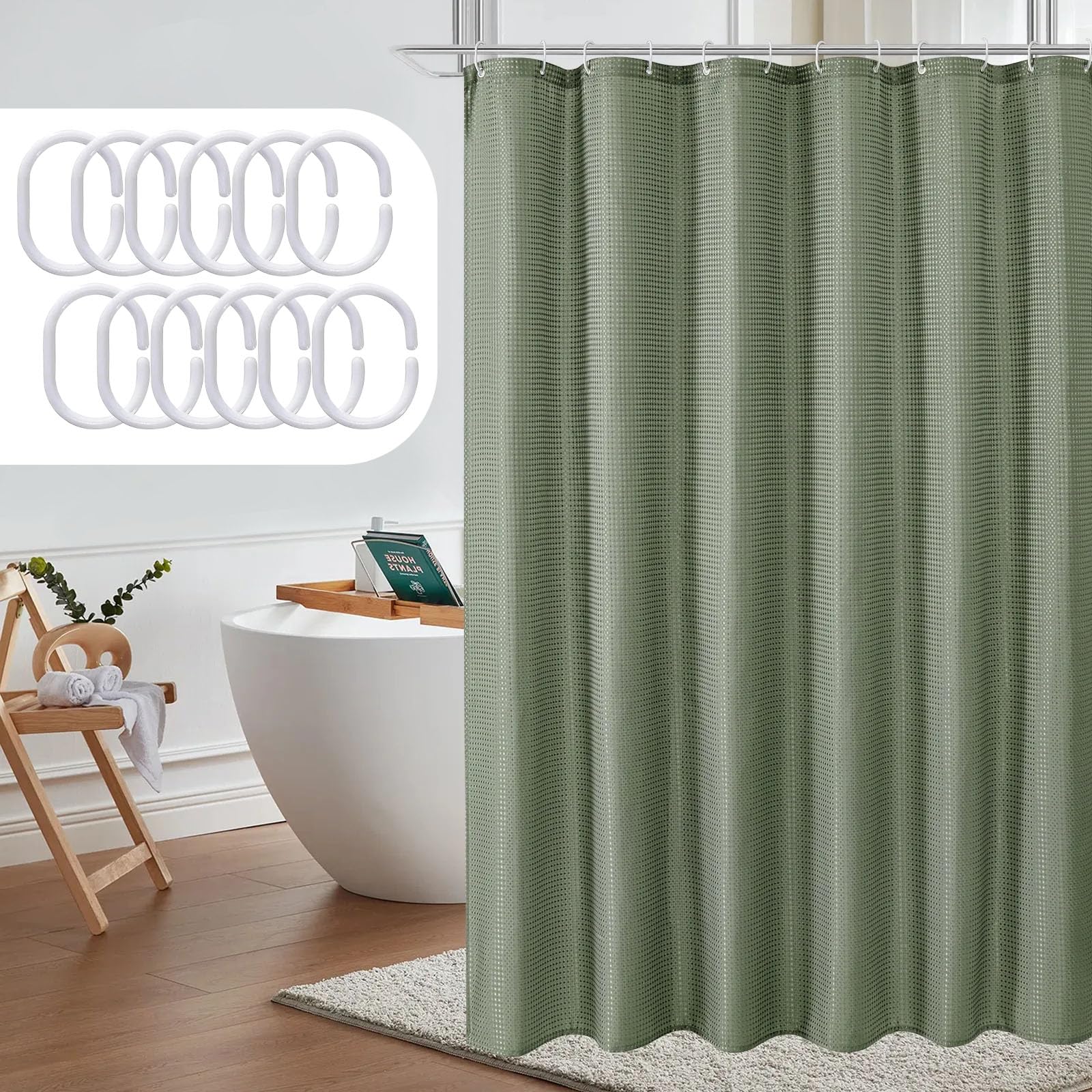 Sage Green Waffle Shower Curtain, Waffle Texture Green Bathroom Curtain with 12 Plastic Hooks, Waterproof Window Drapes, Washable Thick Polyester Cloth Bath Curtain, Mould Resistant, 183 × 183 CM