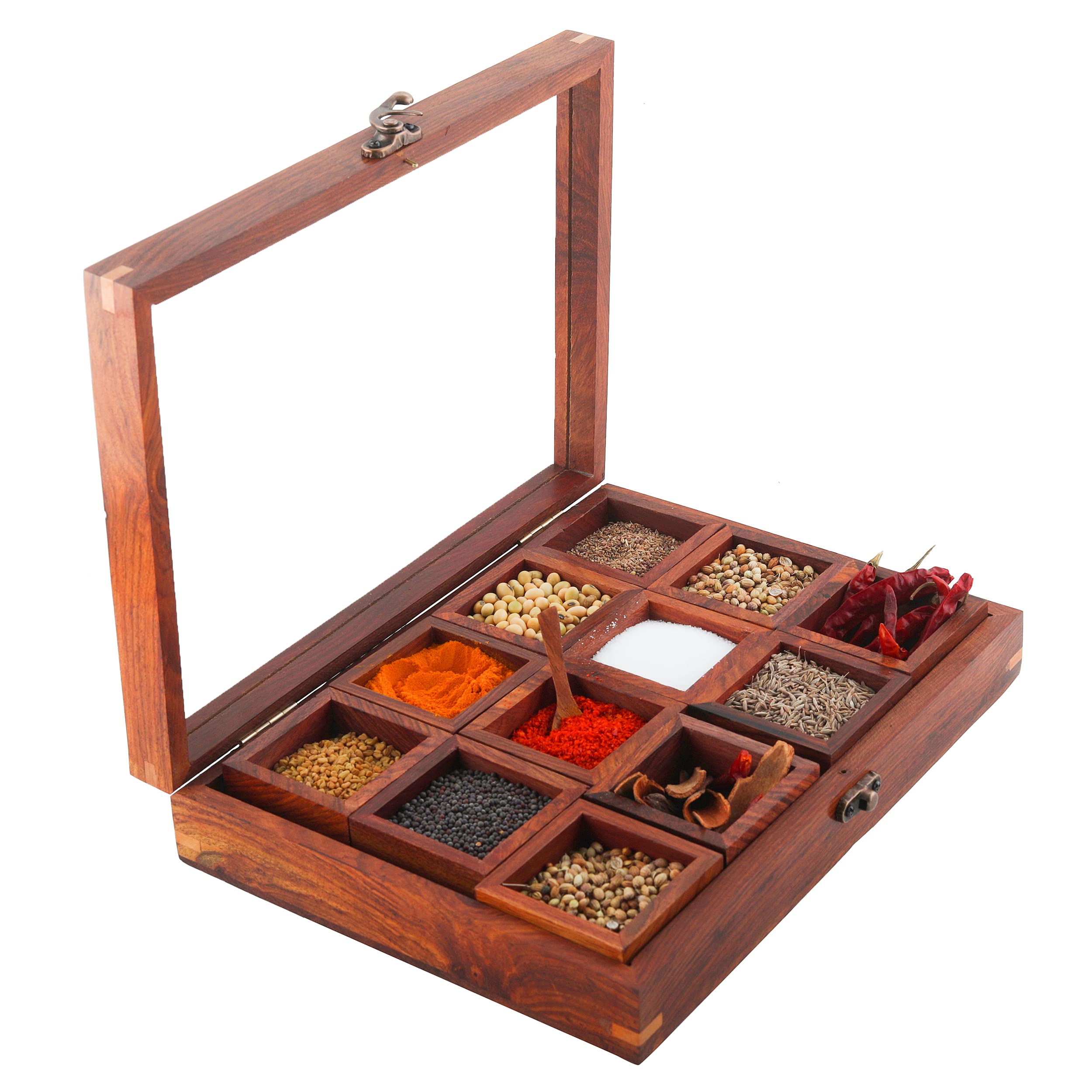 Ortus Arts® Wooden Spice Box with 12 Containers & Spoon Sheesham Wood