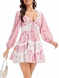 Women's Floral Patchwork Mini Dress 2025 Fall Long Sleeve V Neck Lace Layered Short Desses