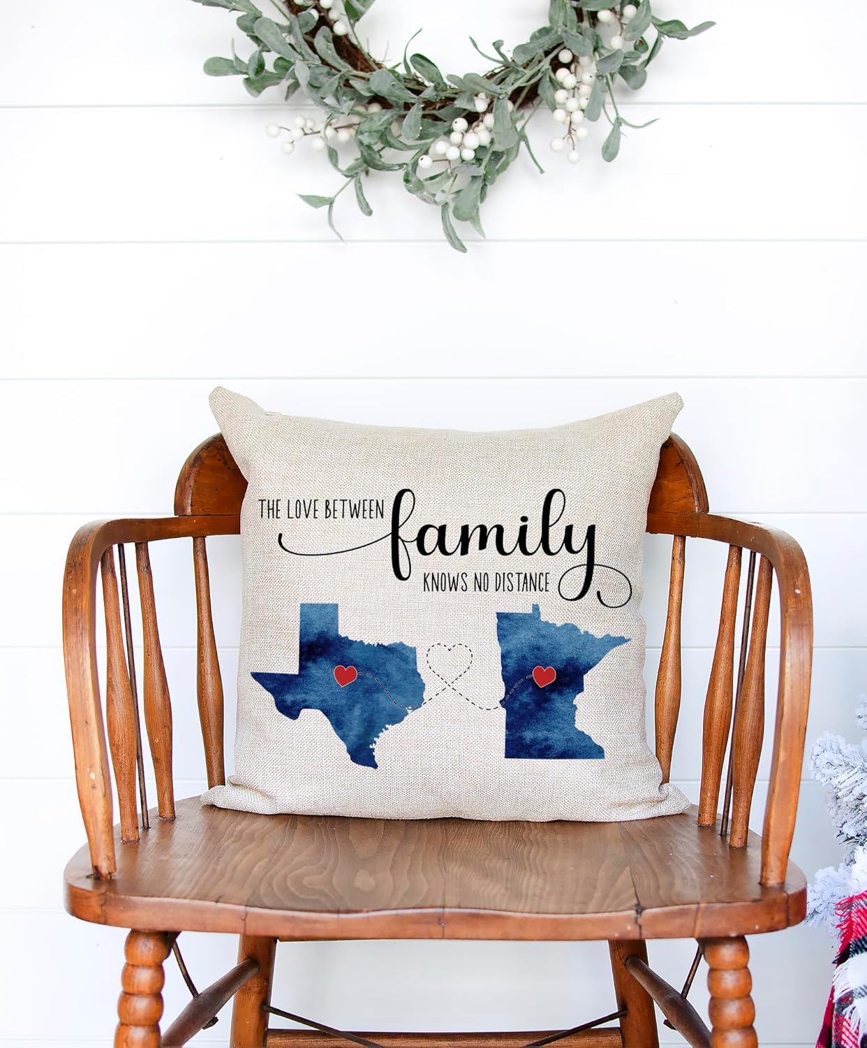 Personalized State Map Throw Pillow, The Love Between Family (Friends) Knows No Distance, Long Distance, Watercolor and Wood Designs (Pillow Cover ONLY)