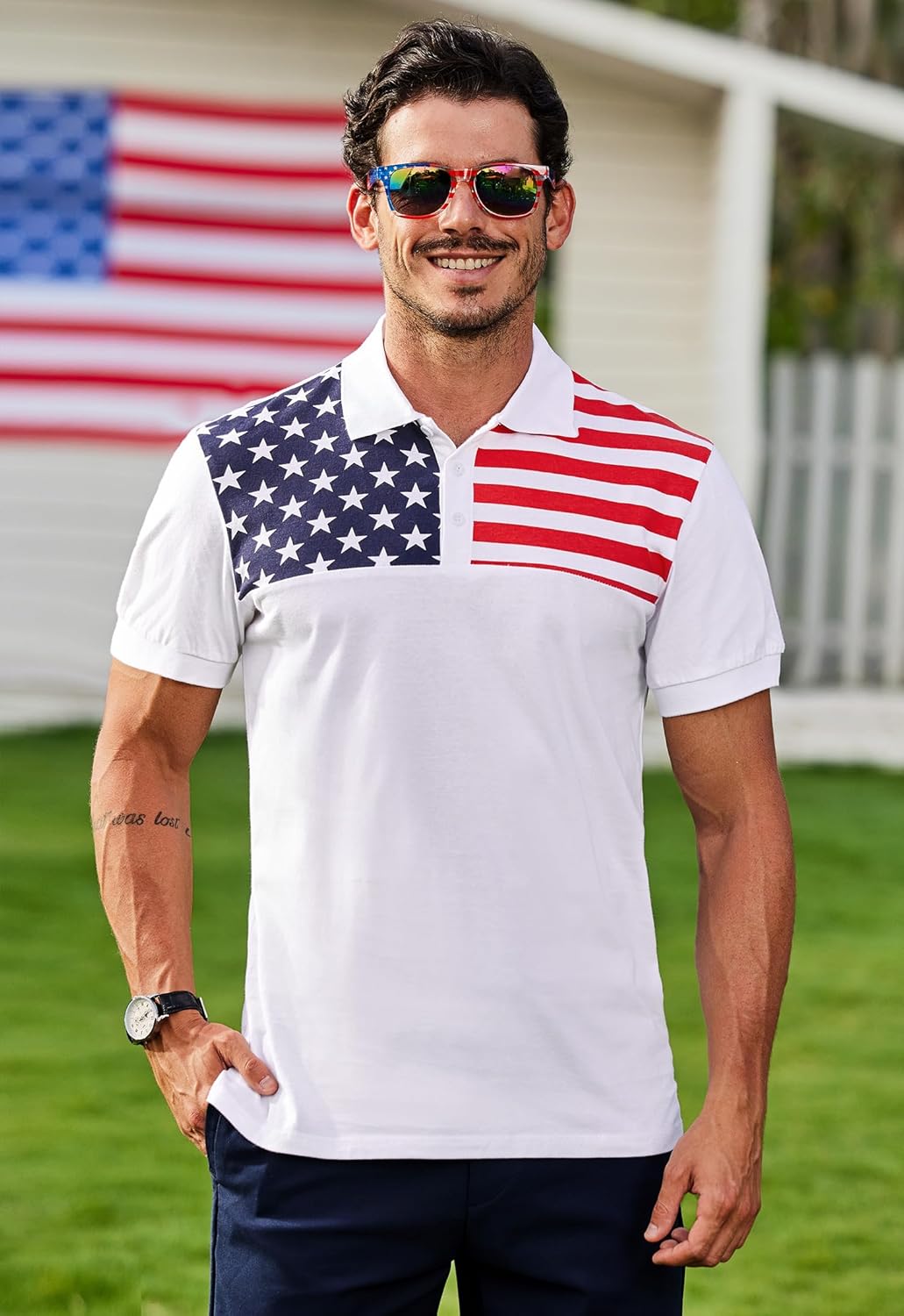 Arvilhill Men's 4th of July Polo Shirt American Flag Short Sleeve Golf Shirt - Image 2