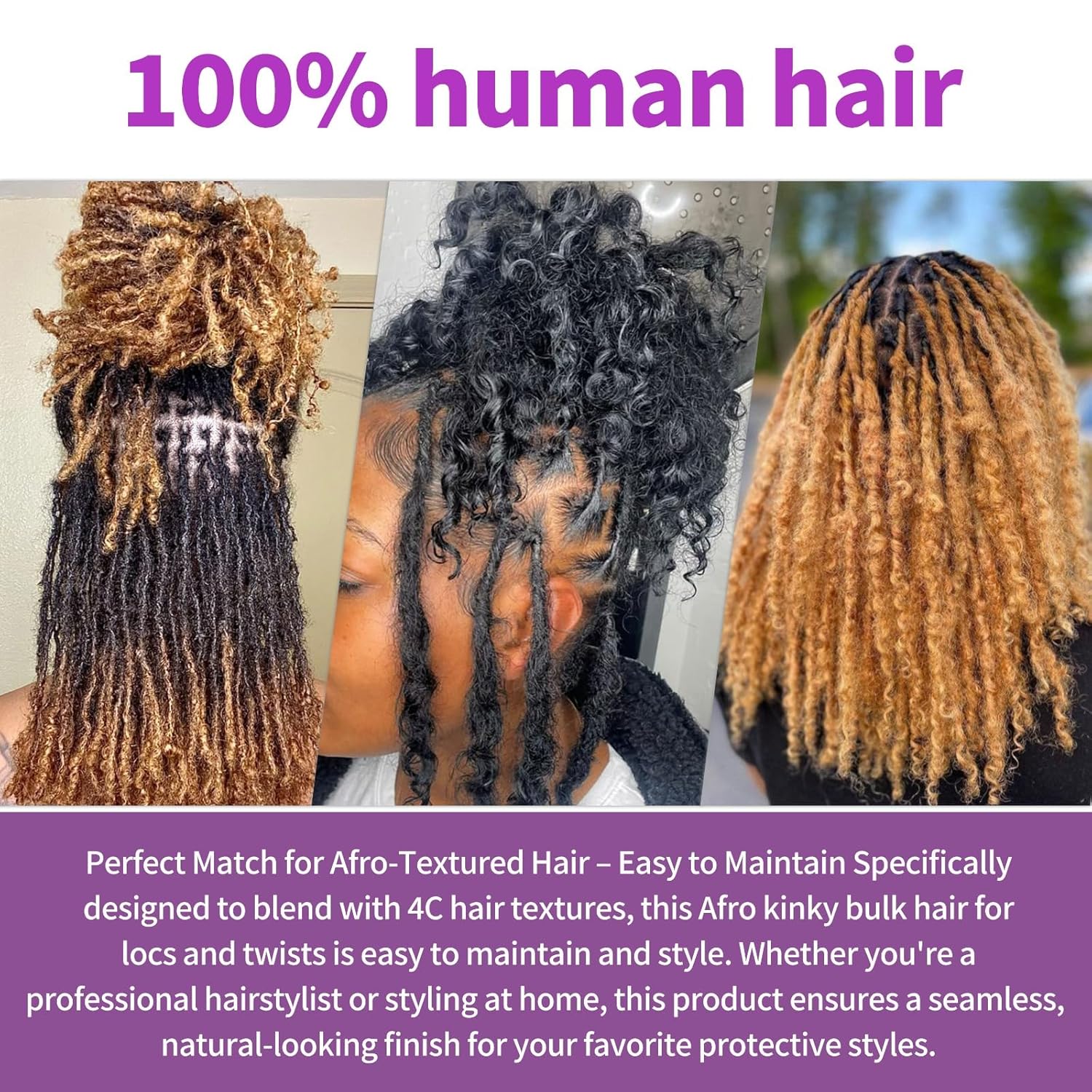100% Unprocessed Afro Kinky Curly Bulk Human Hair 14 Inch (2 Bundles – 50 g Each, 100 g Total) for Loc Extensions, Braiding & Mini Twists – #1B Natural Black, Dye & Bleach Safe with Hook & Comb
