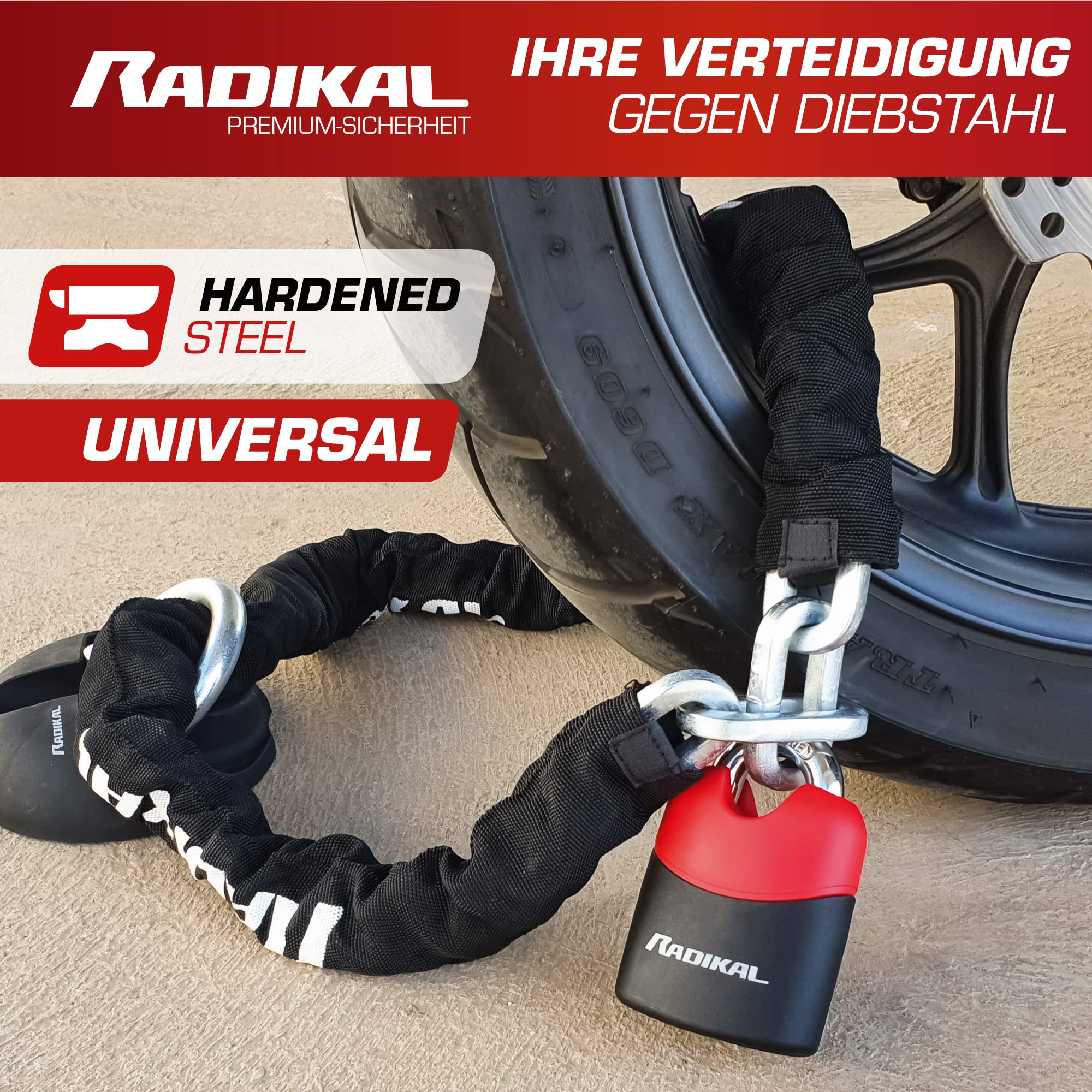 Radikal RK4170 Padlock and reinforced steel chain ø10, 170 cm with anti-theft protected arch Motorcycle, Scooter, Bike, Black