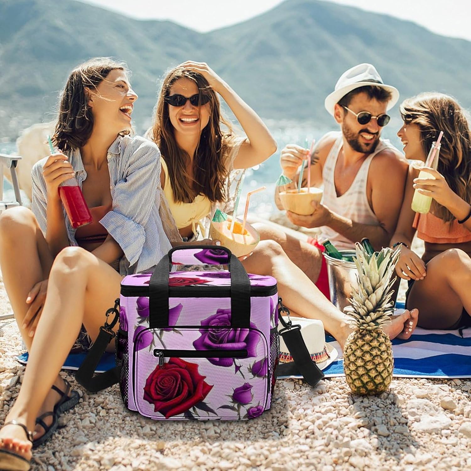 Red and Purple Roses Cooler Bags Portable Soft Cooler Bag Lightweight Ice Chest Insulated Lunch Bags Camping Cooler Bag Cooler Lunch Tote Coolers for Picnic Travel Beach