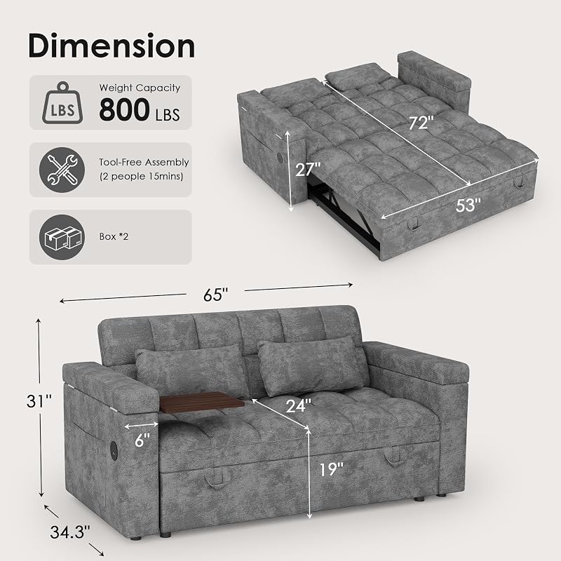 QSQG 65'' Sleeper Sofa Bed, Pull Out Couch for Living Room(Darkgray) image 2
