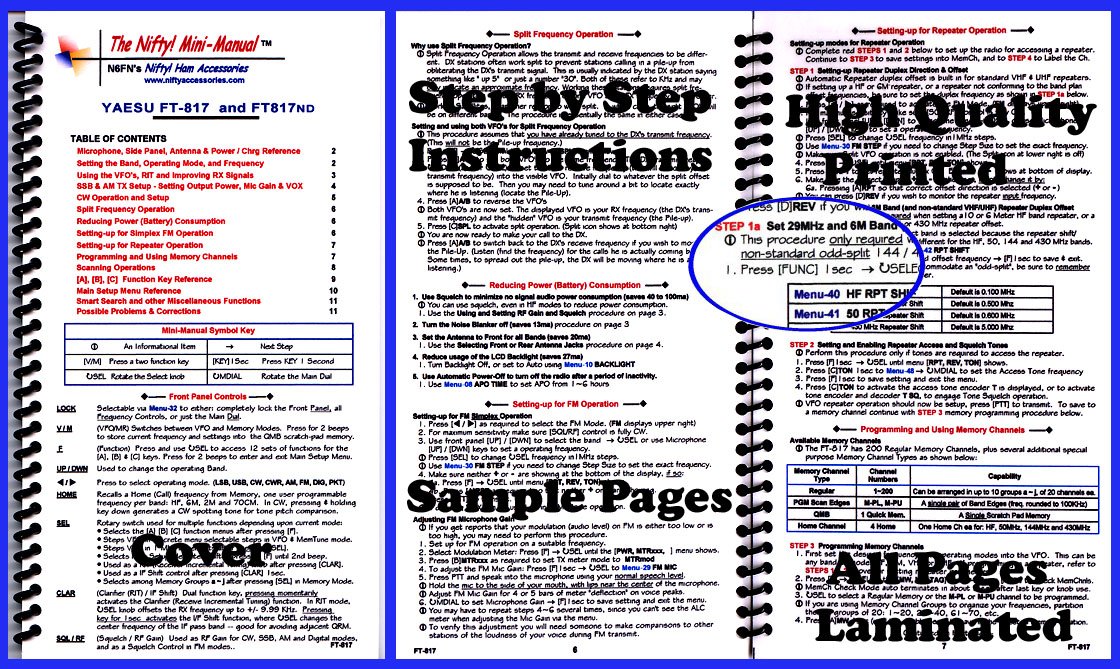 Nifty! Mini-Manual for Yaesu FT-817 and FT-818ND transceivers, showing a spiral-bound, laminated guide with detailed instructions.
