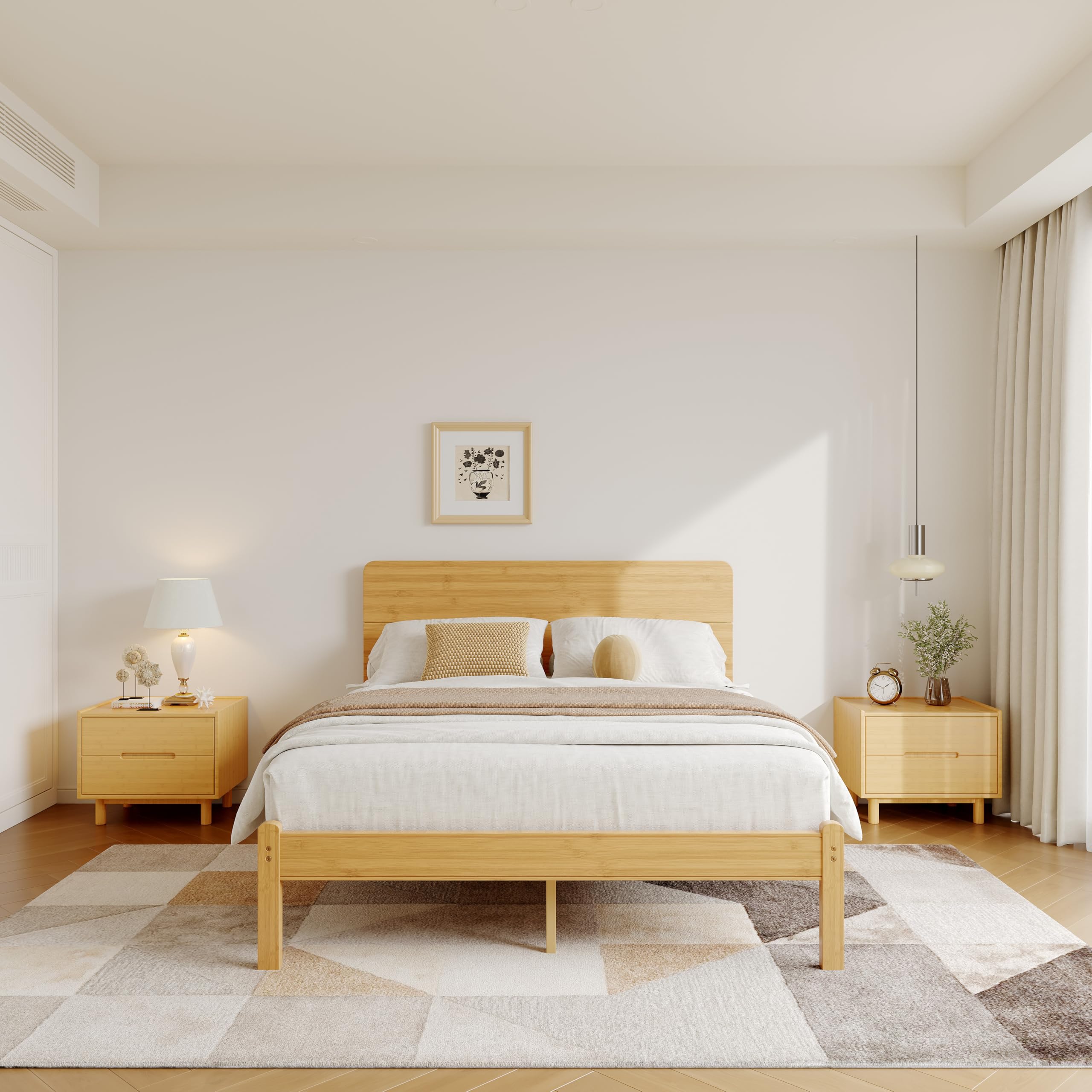 Condition photo showing New/Like New for Natural Color Durable Bamboo Wood Platform Bed Frame | Eco-Friendly Heavy Duty | Squeak-Free Silent | No Box Spring Needed | Easy Assembly | Under Bed Storage | Minimalist Bedroom Furniture -Queen