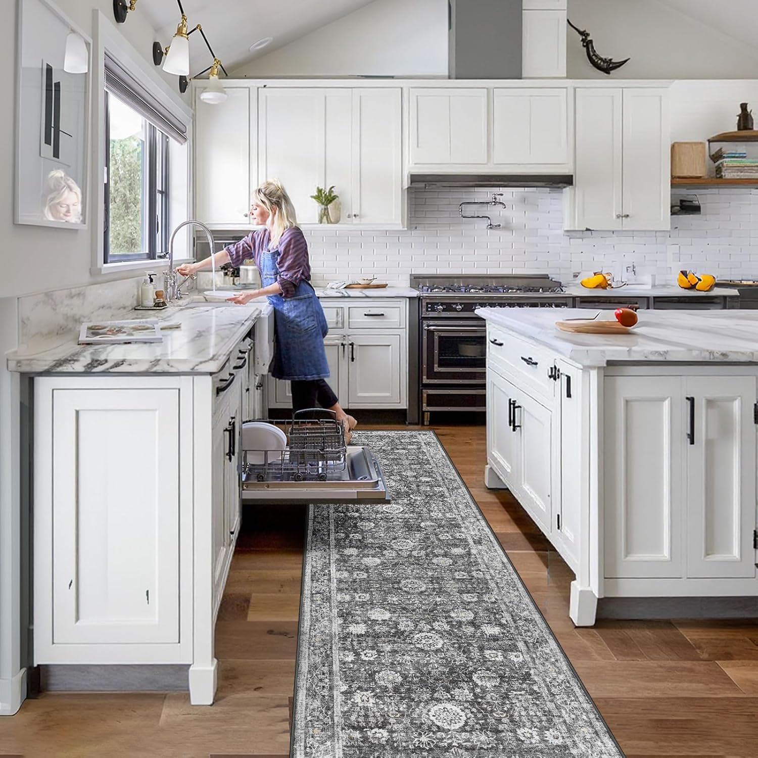 Capslpad 2x10 Boho Hallway Runner, Dark Grey Vintage Ultra Soft Fabric Washable Runner Rug, Non-Slip Rubber Backing, Stain Resistant Low Pile Runners for Hallways, Kitchen, Entryway, Bedroom, Laundry