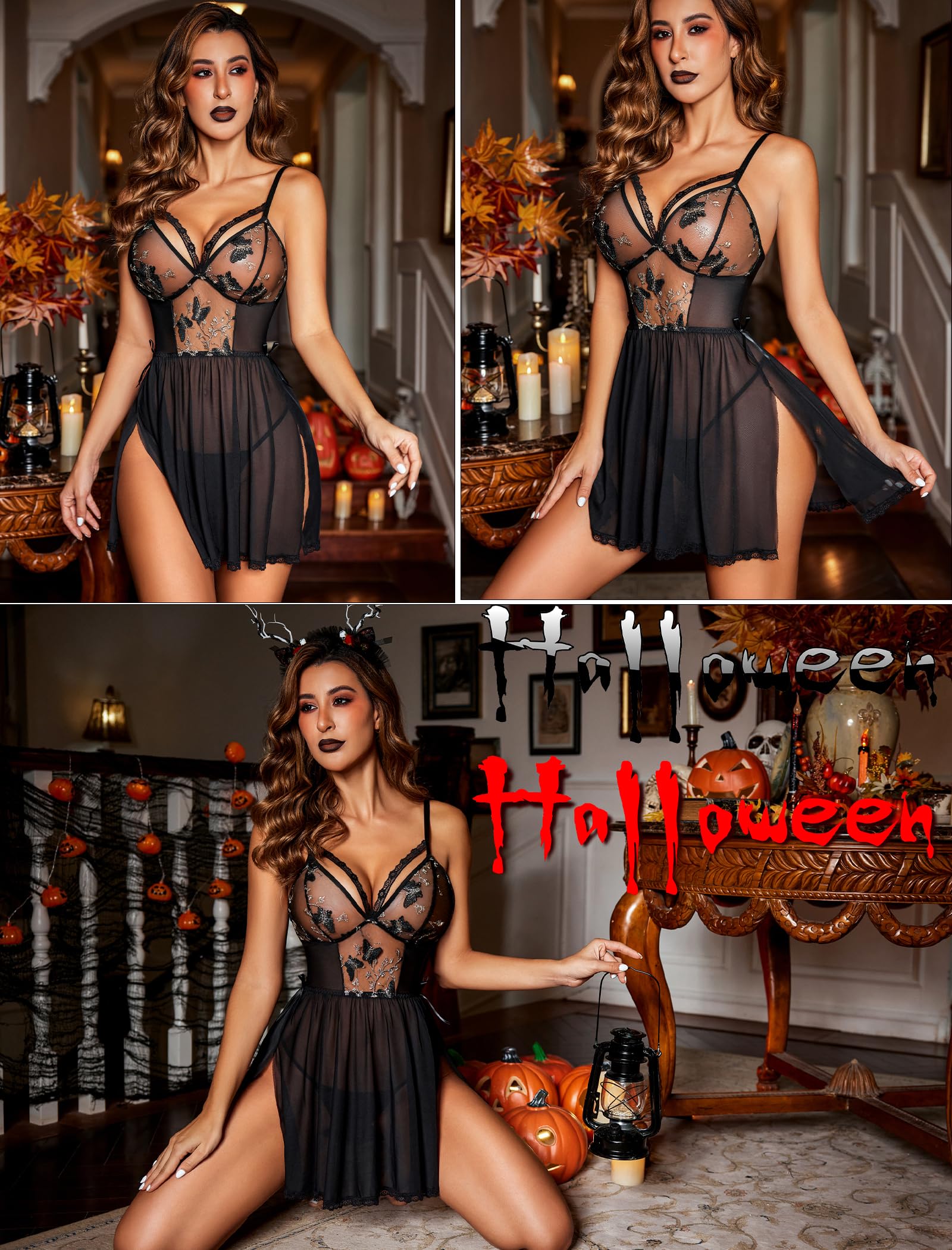 Avidlove Women's Lingerie Lace Chemise Floral Embroidery Mesh Babydoll Side Slit Sleepwear