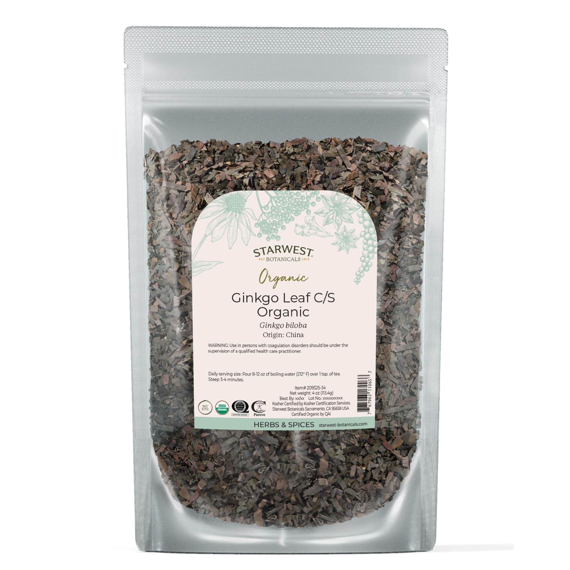 Starwest Botanicals Organic Ginkgo Leaf - Ginkgo Biloba, Dried Loose Leaf Herb for Tea & Herbal Blends, Cut & Sifted, Certified Kosher, Non-GMO - 4 oz Pouch