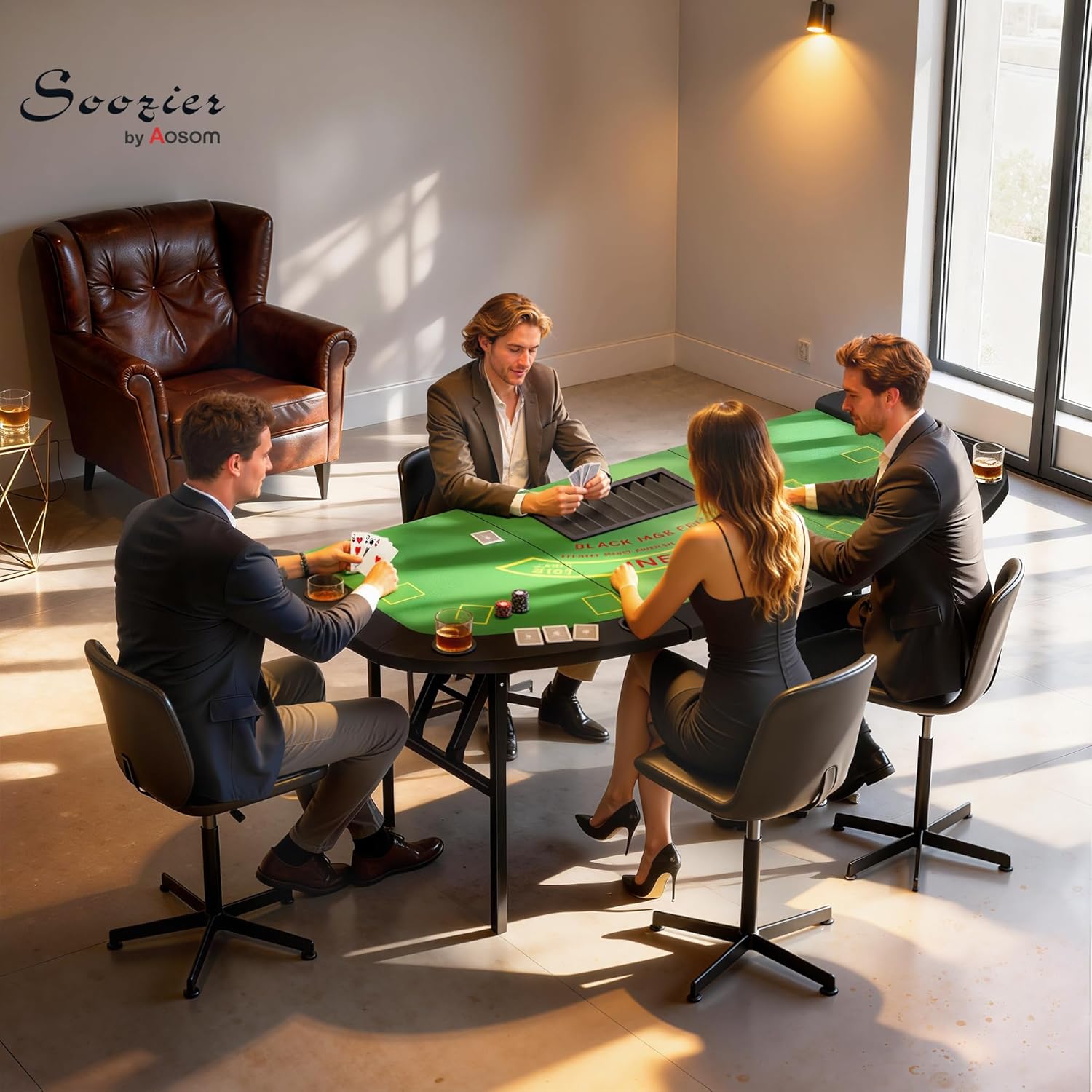 Soozier Poker Table Foldable, 72" Portable Folding Casino Blackjack Table for 8 Players, 220 LBS Capacity, Felt Surface, Cup Holders, Chip Tray, Dealer Spot, Padded Rails for Texas Holdem Game, Green