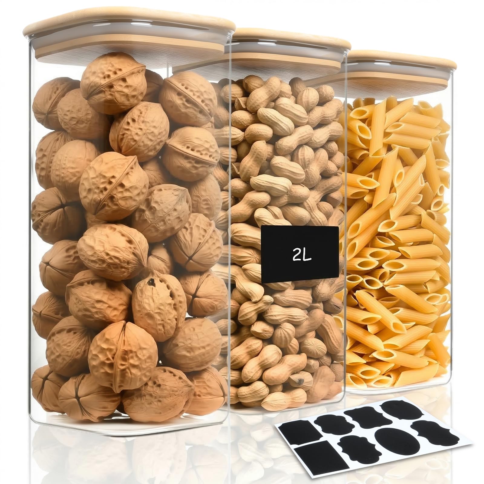 AOOTE 2L Clear Airtight Food Storage Container Jar, 3 Pack Kitchen Pantry Storage Container with Bamboo Lids with 2 Sticker, Square Glass Jars for Flour, Sugar, Rice, Pasta, Oats, Grains
