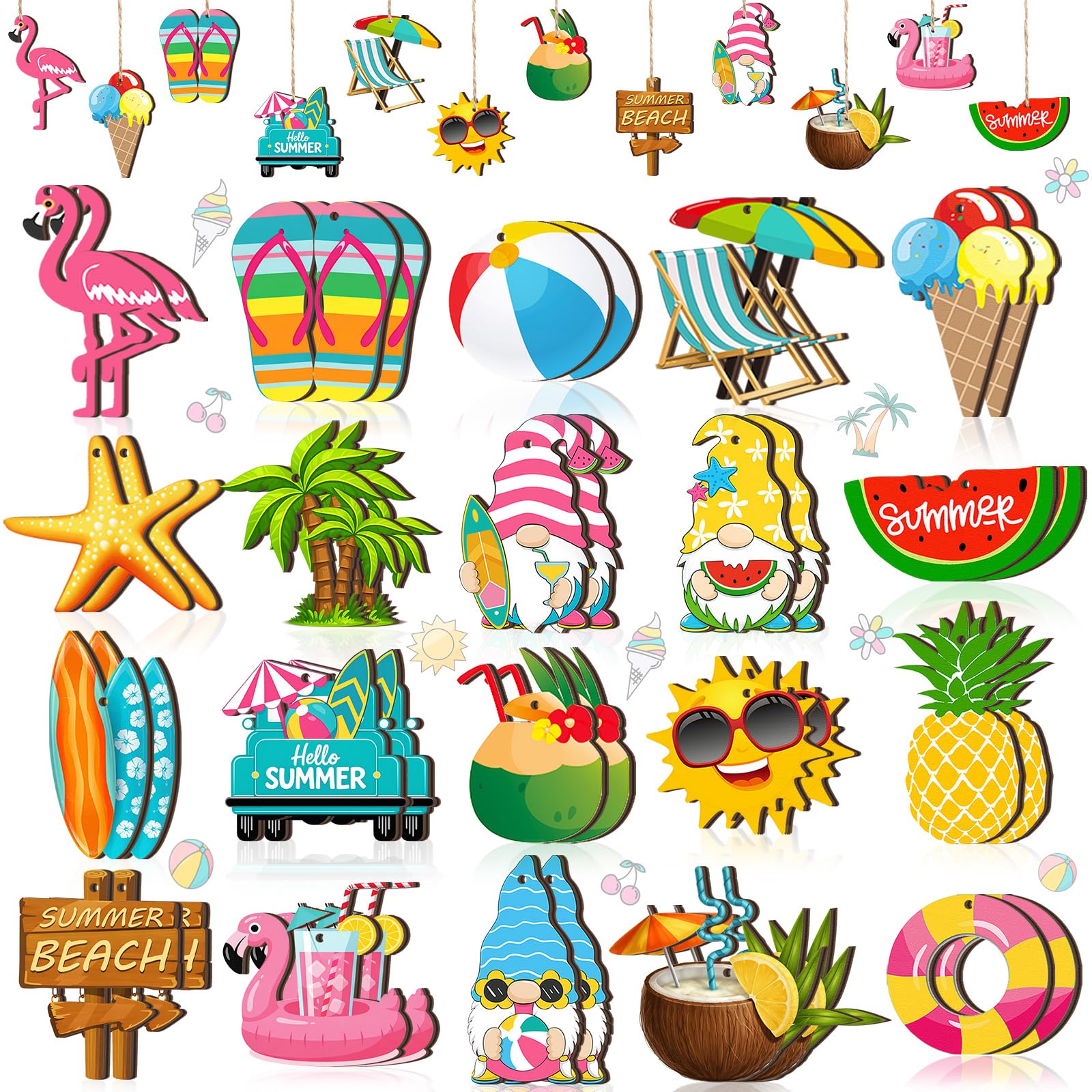 Photo 1 of GlikCeil 40 Pcs Summer Tree Ornaments Christmas in July Wood Hanging Decoration Hawaiian Beach Gnome Flamingo Wooden Pendant Decorations with String Craft for Summer Luau Hawaiian Party Supplies
