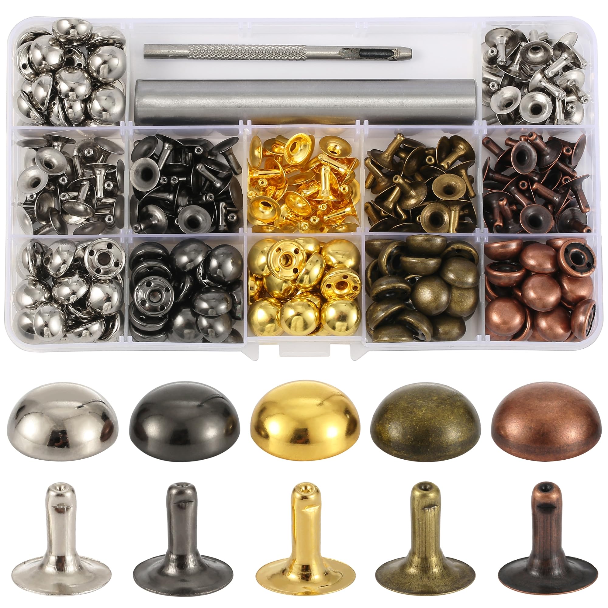 YORANYO 150 Sets 12x6mm Round Dome Leather Rivets Studs for Clothing Purse Feet for Handbags Studs and Spikes with Hole Punch and Mushroom Rivets Setter for Shoes Bags Belts Dog Collars Leather Craft