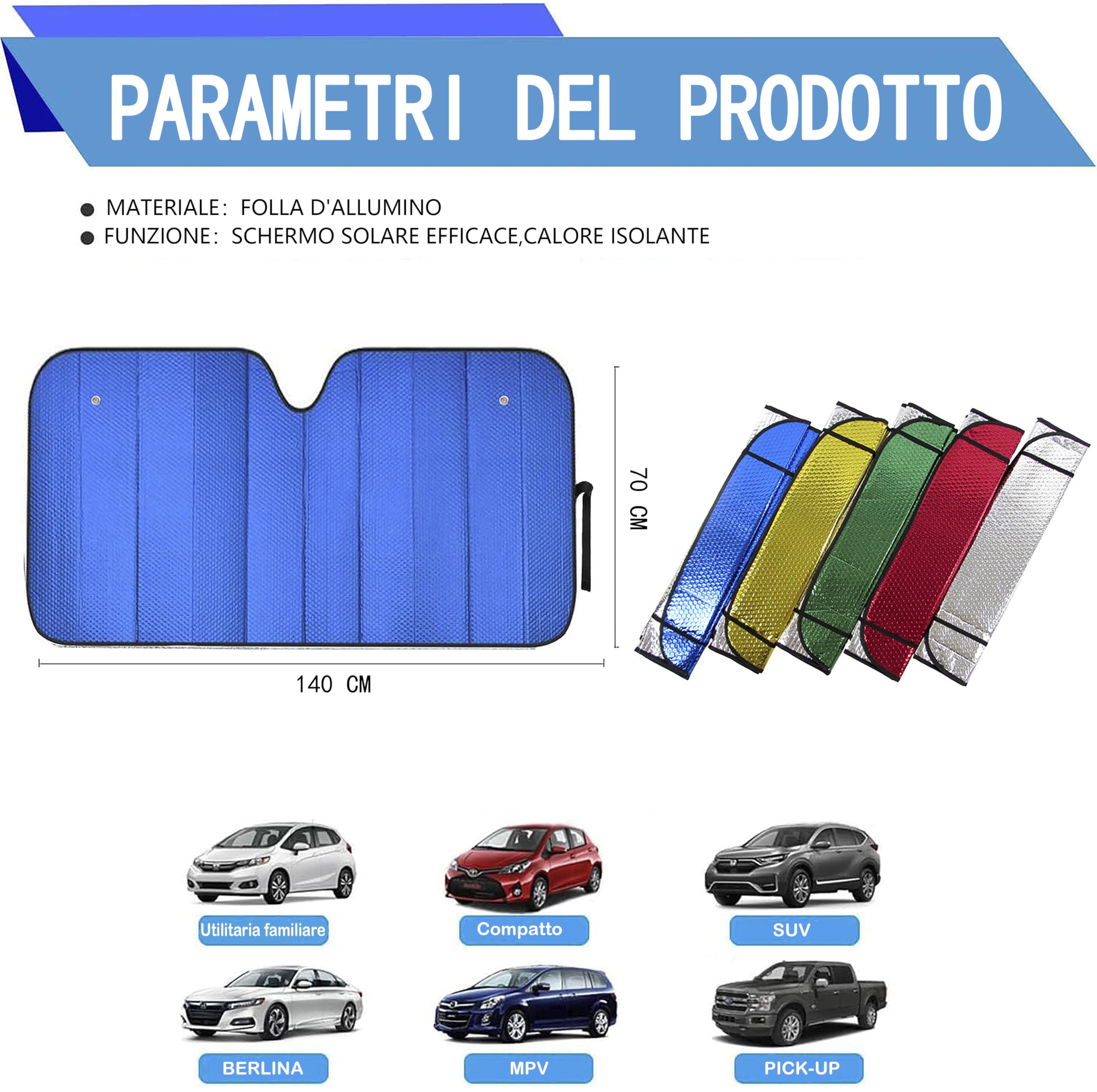 Pare-soleil Voiture 140x70 Cm - 2 Ventouses - Pliable - Protection UV & Isolation Thermique - Universel Pour Auto, SUV