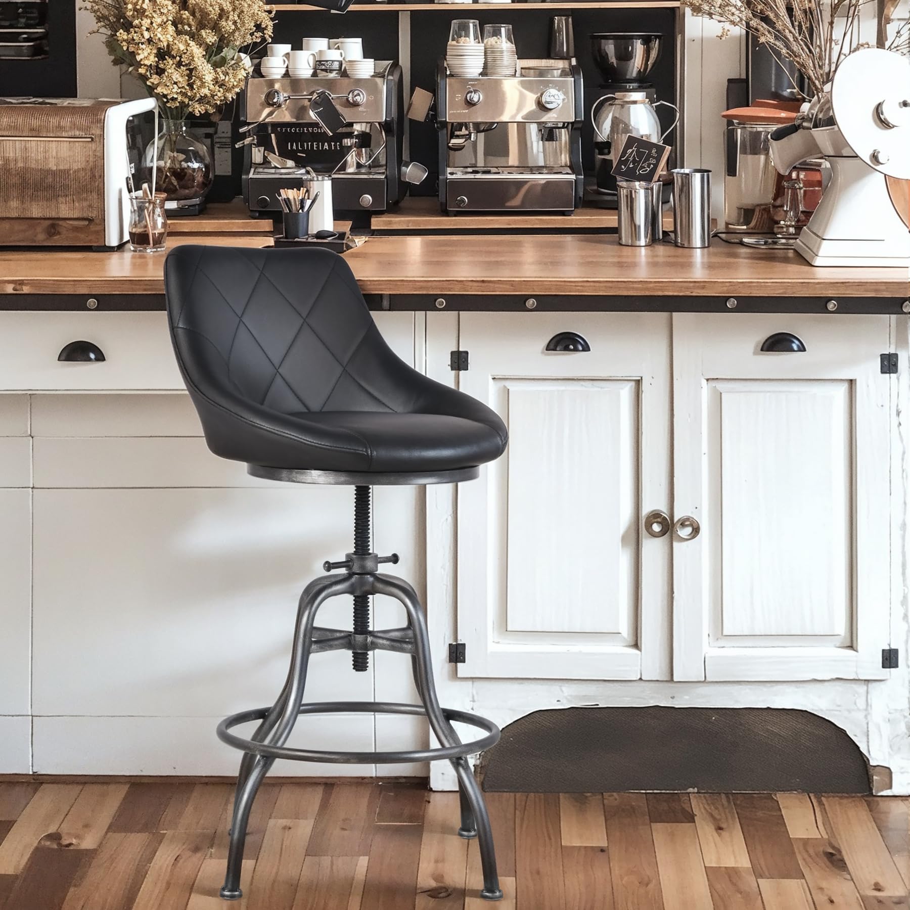 Diwhy Industrial Design Metal Adjustable Height PU Backrest Seat Chair Vintage Bar Stool Black Leather Seat