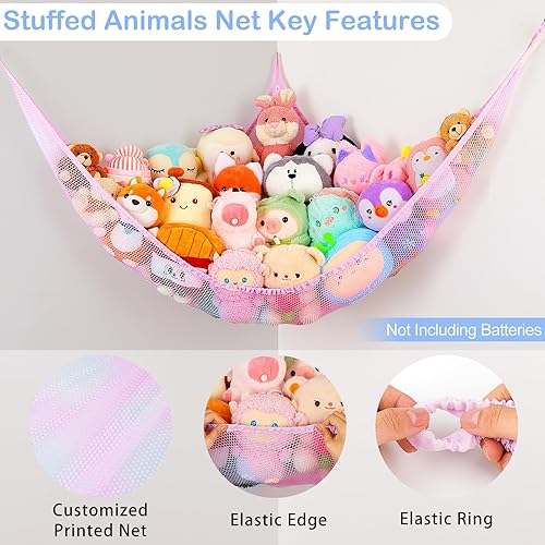 Vista 74 de Basumee Red de animales de peluche o hamaca con luz LED, hamaca de red de juguetes para almacenamiento de animales de peluche, hamacas para Azul