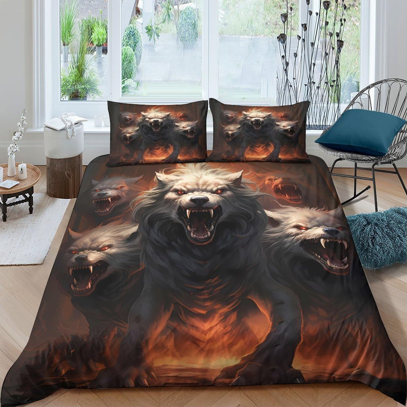 Ctjqhvkz Style-1 3D Printed Cerberus Wolf Fitted Sheet Microfiber Dark Fantasy Bed Cover For Bedroom Dorm Mattress Protection Decor Single（135X200cm）