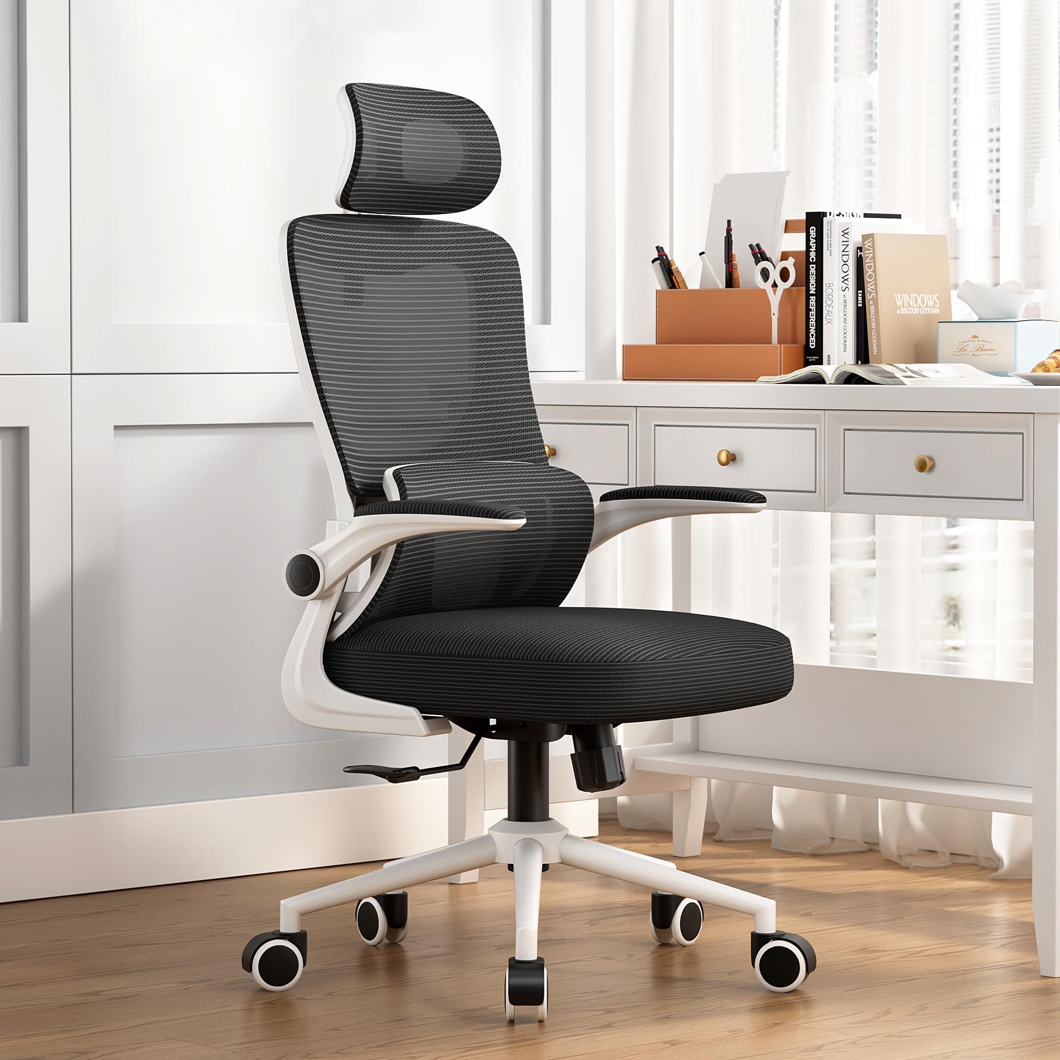 LIYURUI Silla de Oficina Ergonomica, Grande y Alta con reposabrazos Plegables, Soporte Lumbar Ajustable Silla Escritorio, Silla Oficina ergonómica para Uso Doméstico, Capacidad de Carga 150KG