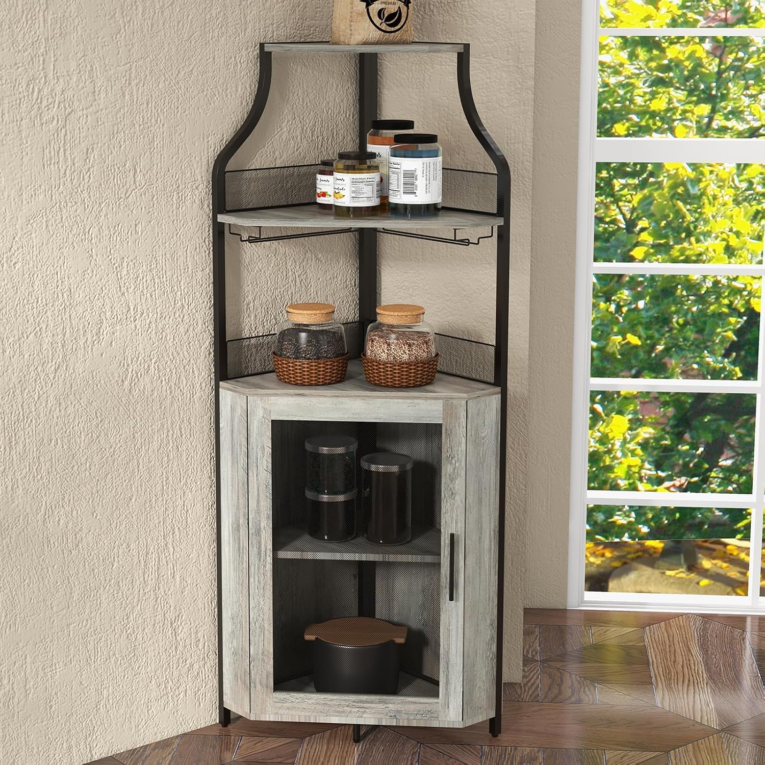 Armadietto angolare in legno con 2 supporti in vetro, armadio ad angolo con ante in metallo e 4 ripiani, cucina con superficie di lavoro, mobili da bar per ingresso, soggiorno, cucina (152 x 90 x 32