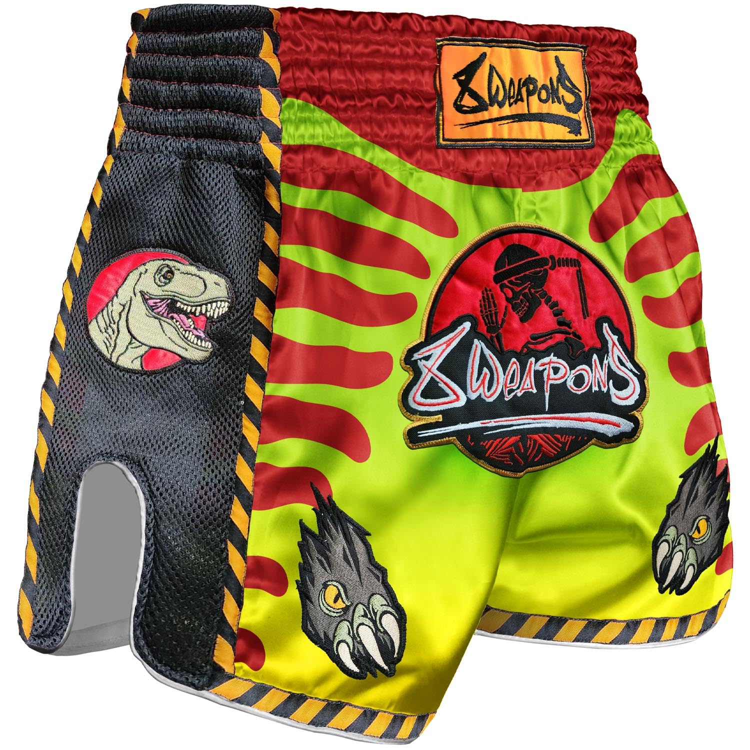 8 WEAPONS Muay Thai Shorts Jurassic, Grün-Rot, Kickboxhose für Training & Wettkampf, Thaibox Shorts Polyester, Atmungsaktiv, Langlebig, Kampfsporthose für MMA, K1, Boxen, Thai Boxen