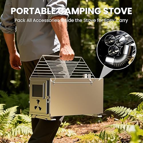 Miniatura 6 de Estufa de leña, estufa de tienda de campaña caliente, estufa portátil de leña de acero inoxidable con 7 tubos de chimenea para tienda de campaña de
