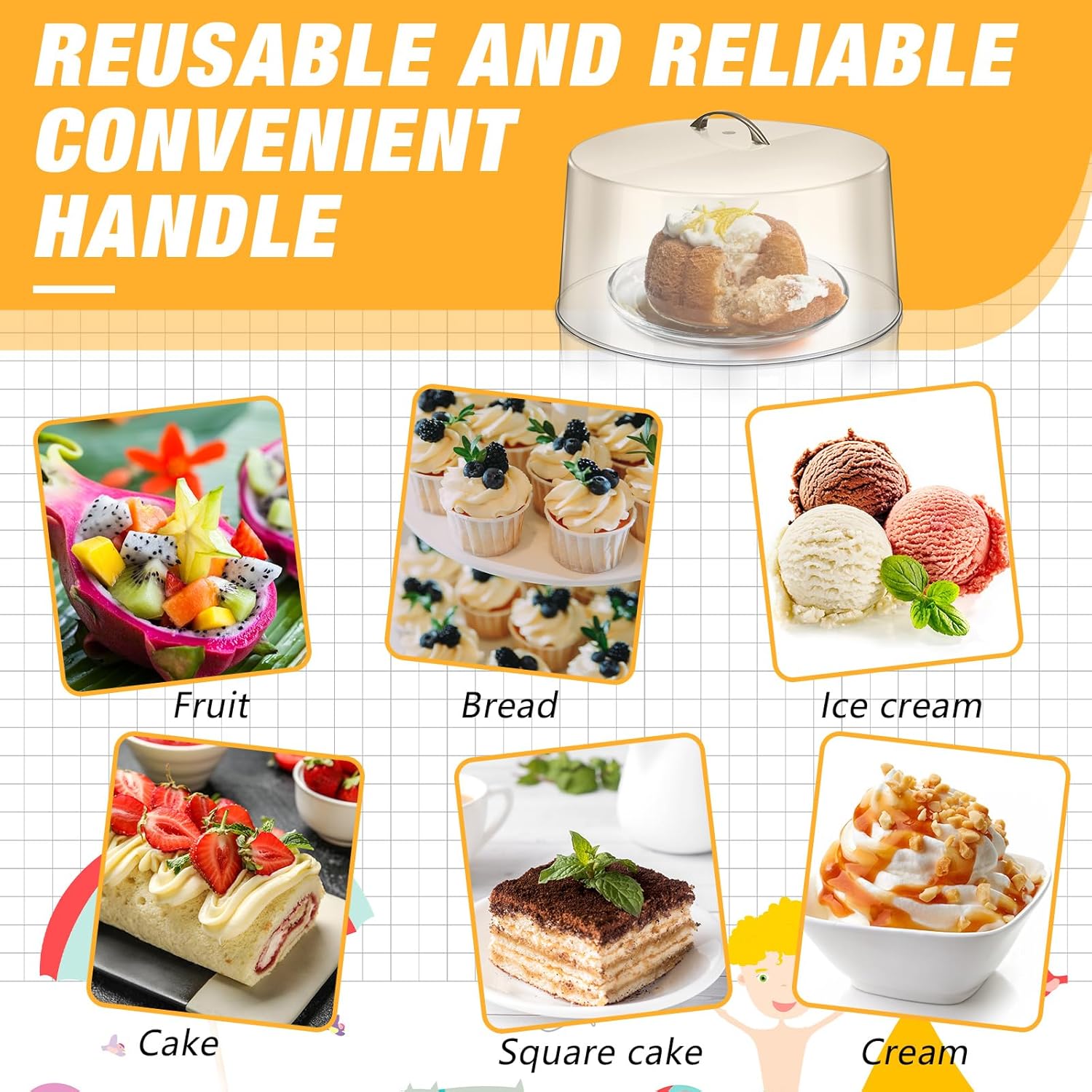 Uiifan 2 Pcs Clear Plastic Cake Dome Cover 12 Inch Acrylic Round Stand Cover 7.5'' Tall Dome with Metal Handle for Food Stand Plate Tray Pedestal Display, Transparent