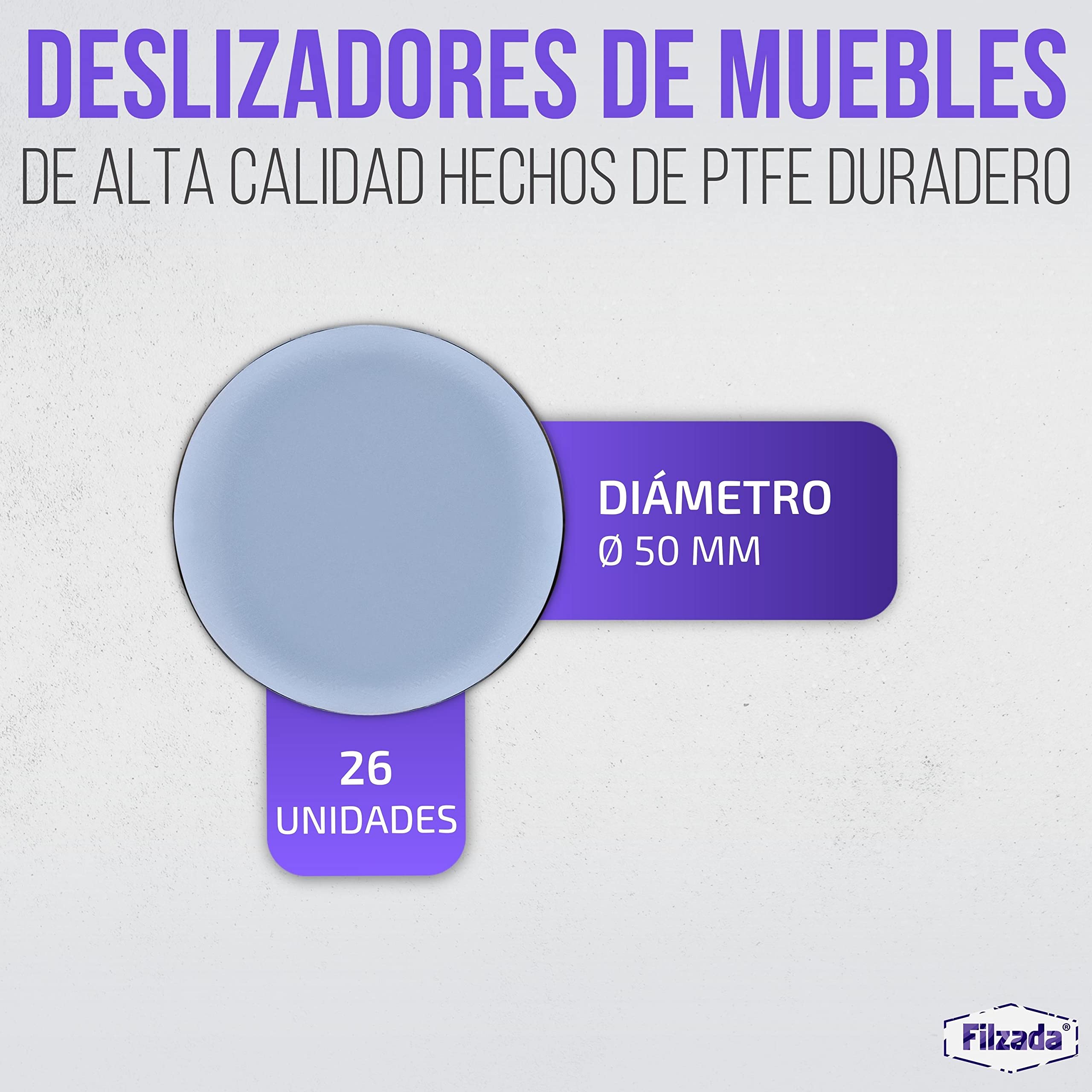Filzada® 26x Almohadillas de Teflón para Muebles Autoadhesivo - Ø 50 mm (Redondo) - Deslizadores Profesionales de Muebles/Deslizadores de alfombras PTFE (Teflón)