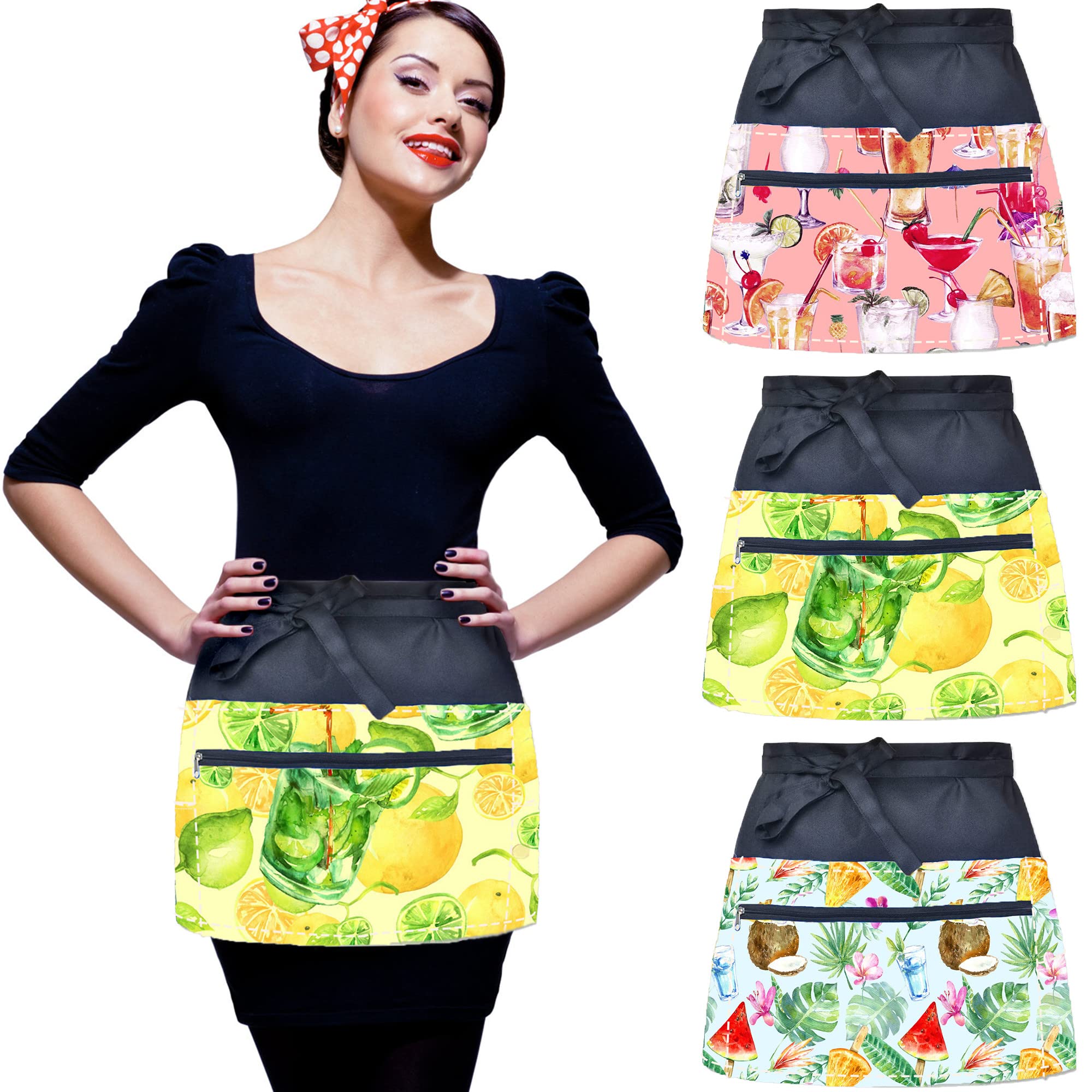 3PACK Waitress Aprons for Women and Men with 6 Pockets Cocktail Pattern Kitchen Server Aprons with Zipper Pocket Restaurant Half Waist Aprons for Waiter, Bartender, Barista, Check Holder, Christmas
