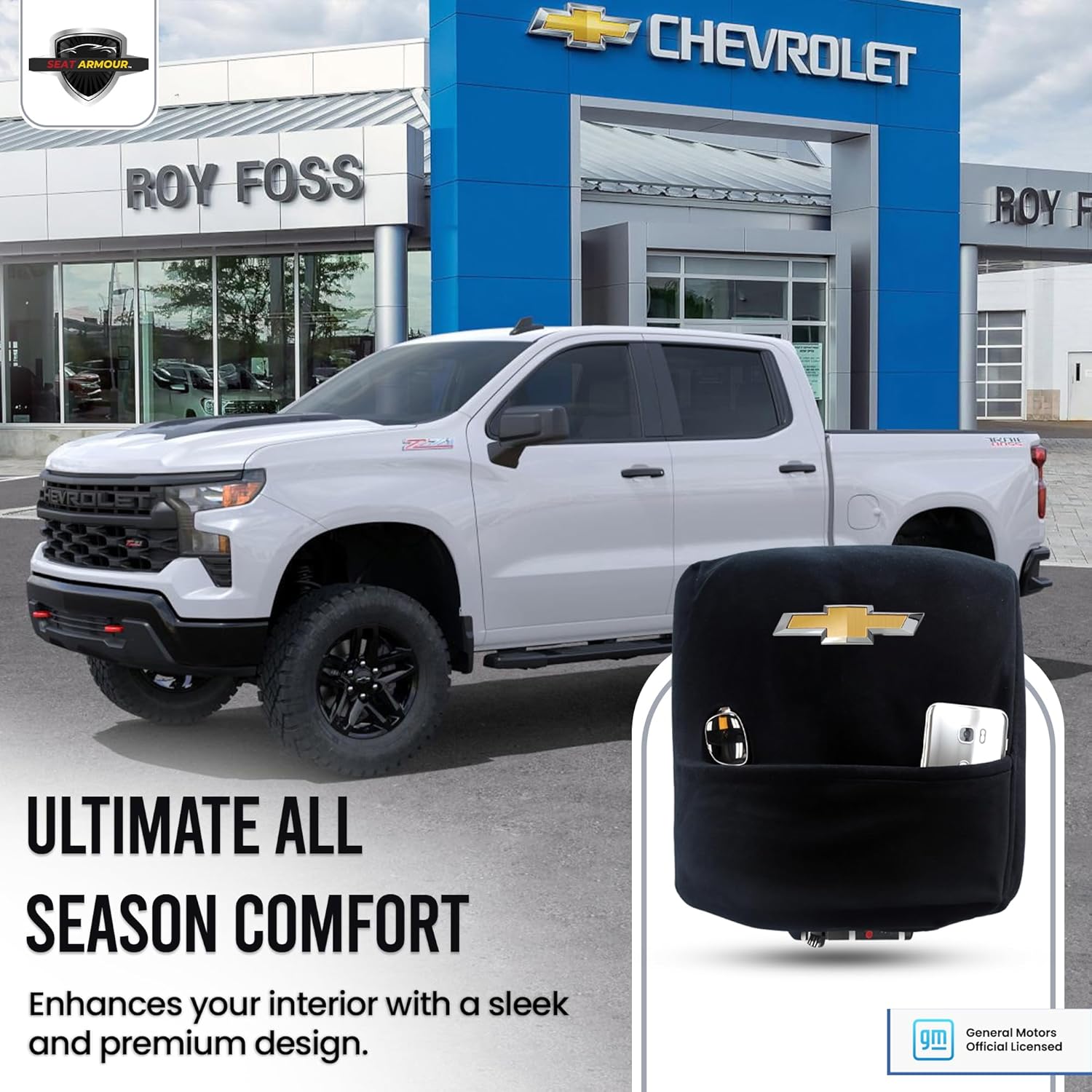 Seat Armour Konsole Armour Center Console Cover with Logo – Compatible with Chevrolet Silverado/Large SUV (2019–2024) Jump Seat Models Only – Black, 100% Cotton, Machine Washable with Organizer Pocket