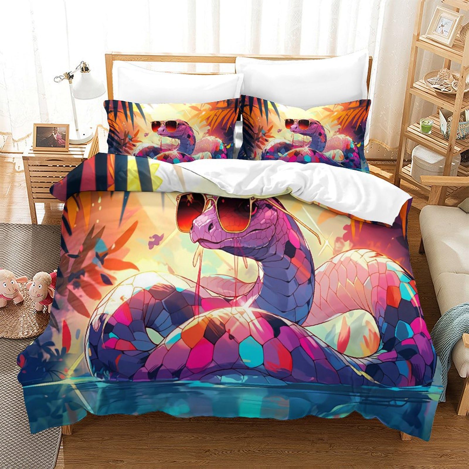Housse de couette serpent coloré 140x200 cm avec 2 taies d'oreiller en microfibre pour lit simple