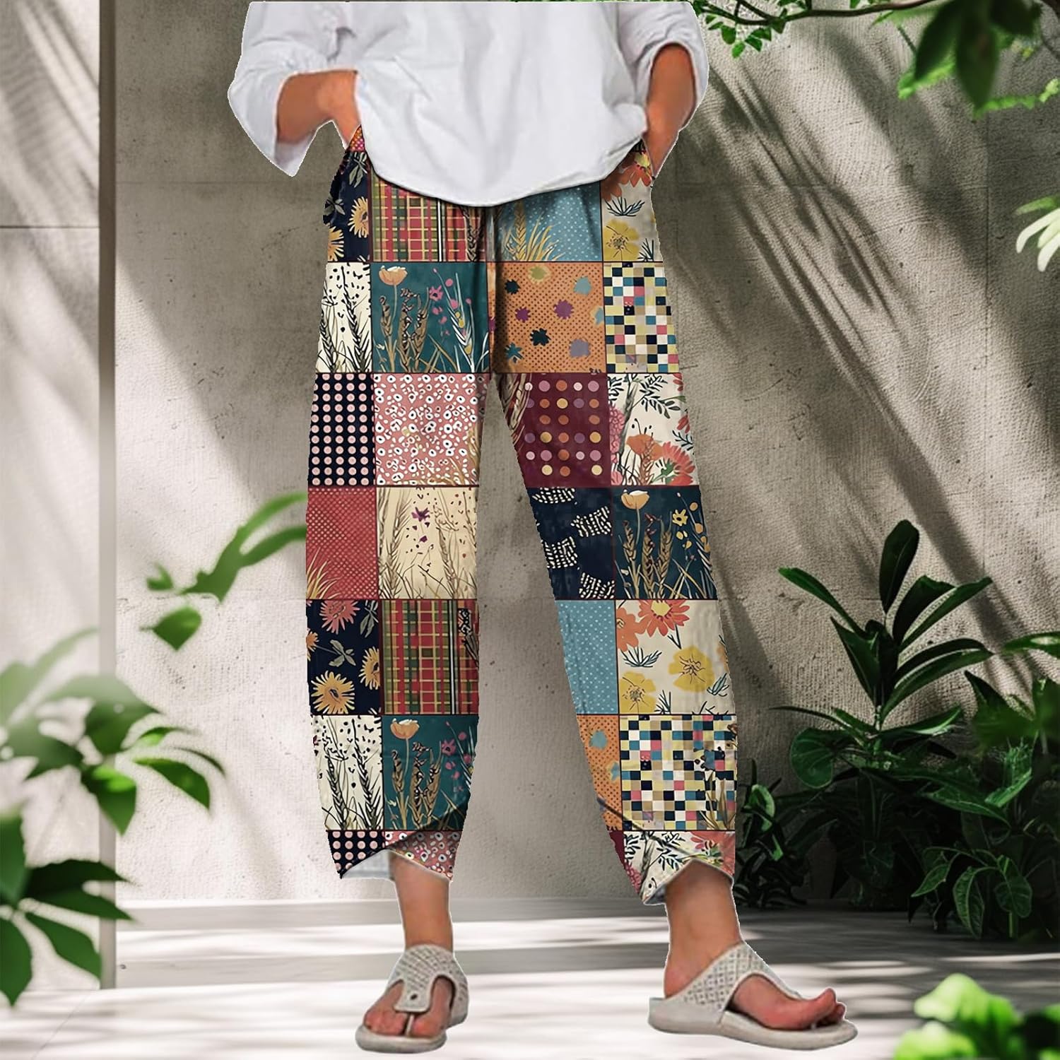 Capri Pants for Women Wide Leg Plus Size Casual Summer Beach Elastic Waist 2025 Fashion Trendy Pants with Pockets - Image 2